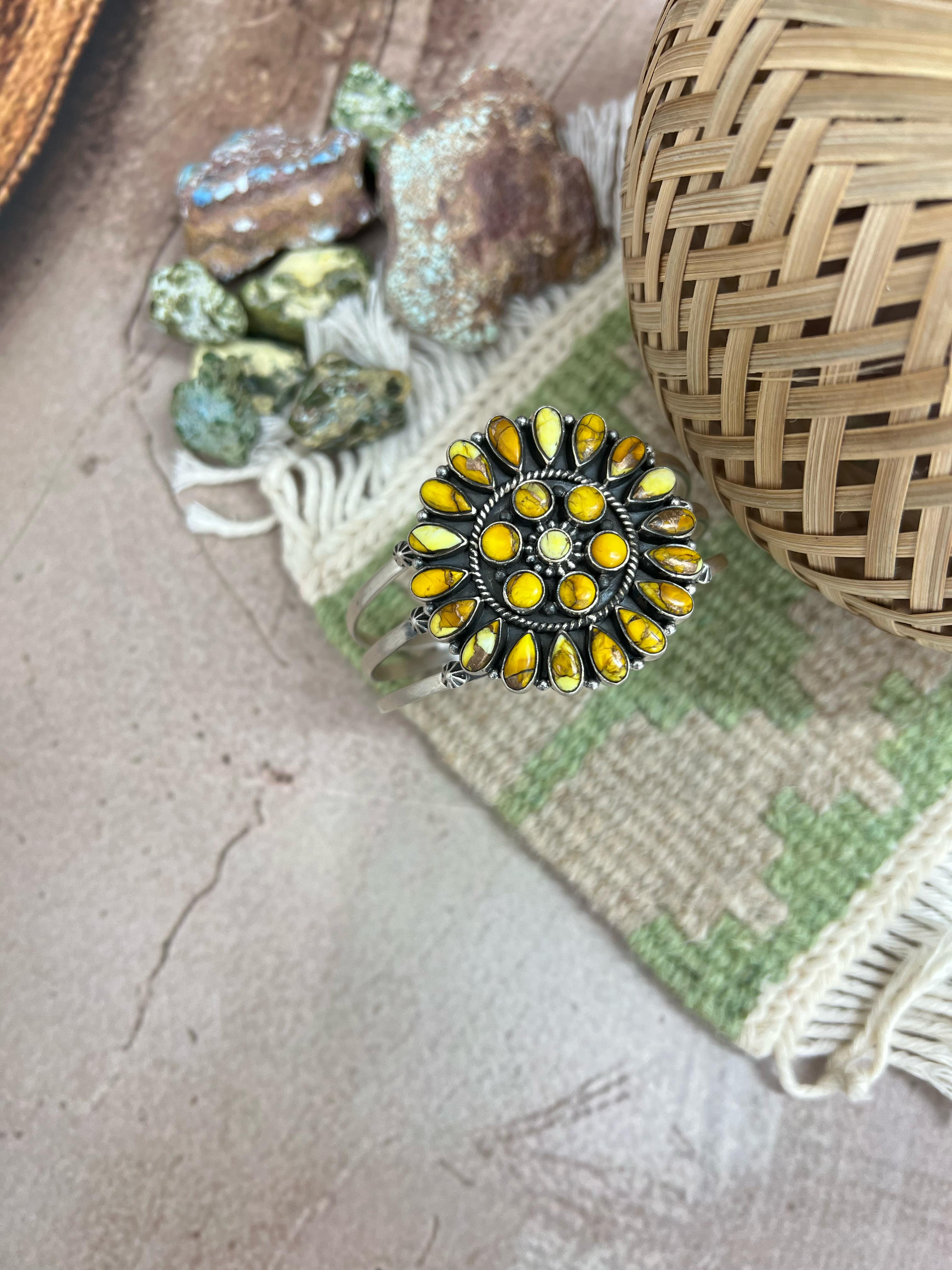 Handmade Sterling Silver Honey Dahlia Cuff Bracelet with Signed Nizhoni