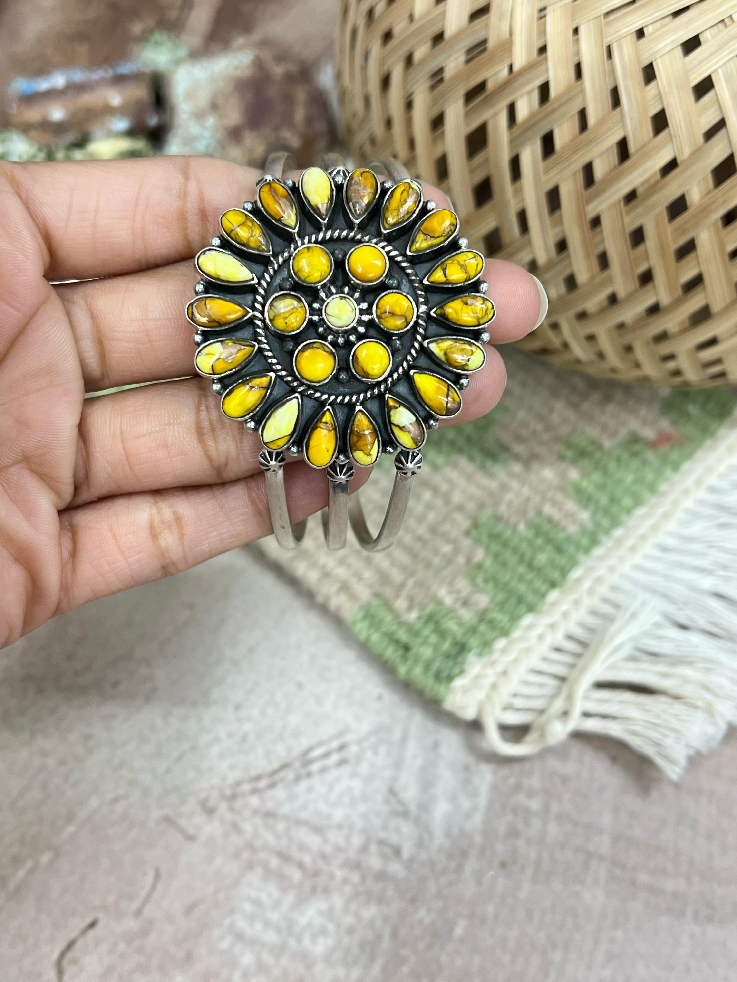 Handmade Sterling Silver Honey Dahlia Cuff Bracelet with Signed Nizhoni