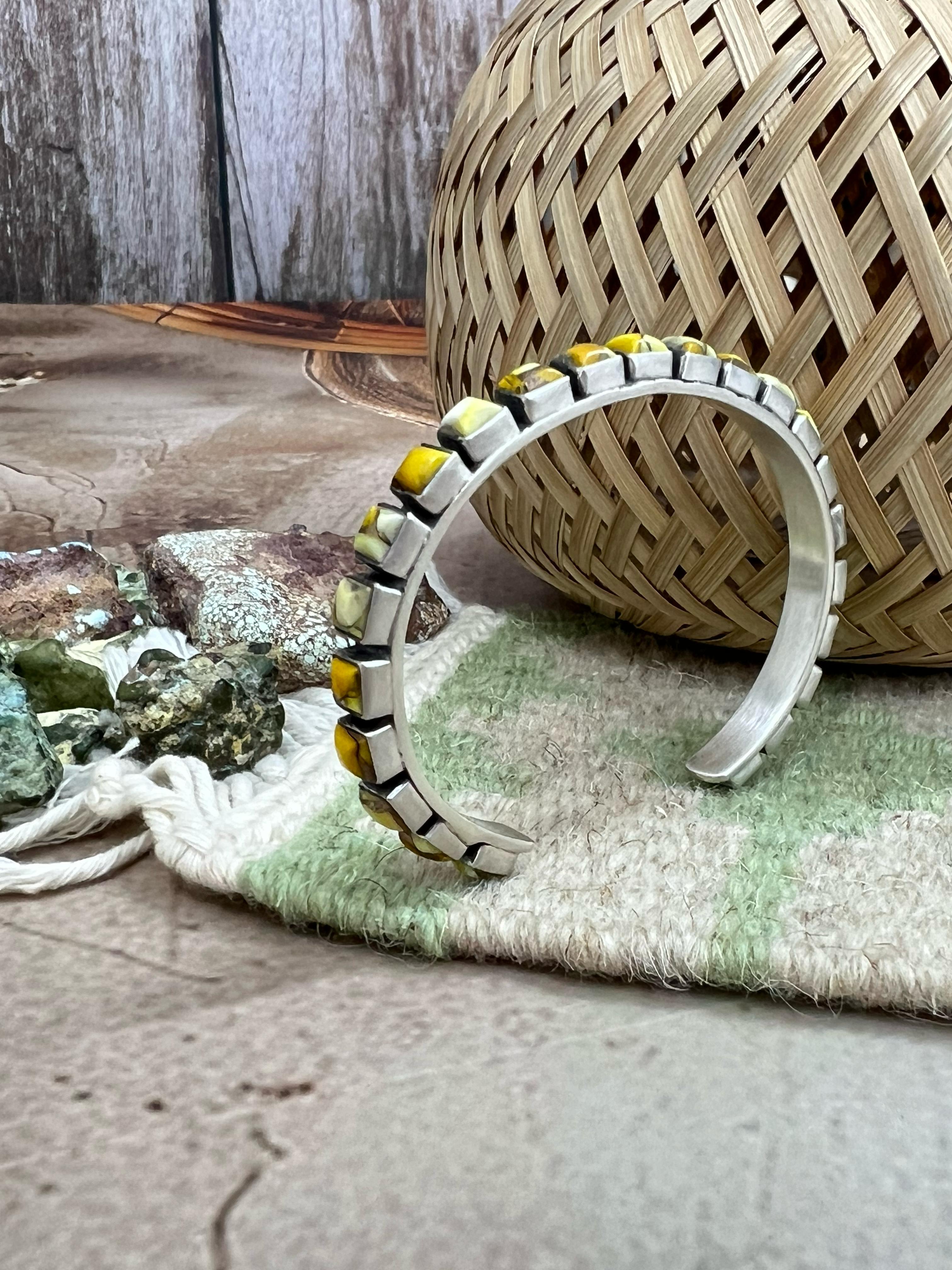 Handmade Sterling Silver Honey Dahlia Cuff Bracelet with Signed Nizhoni