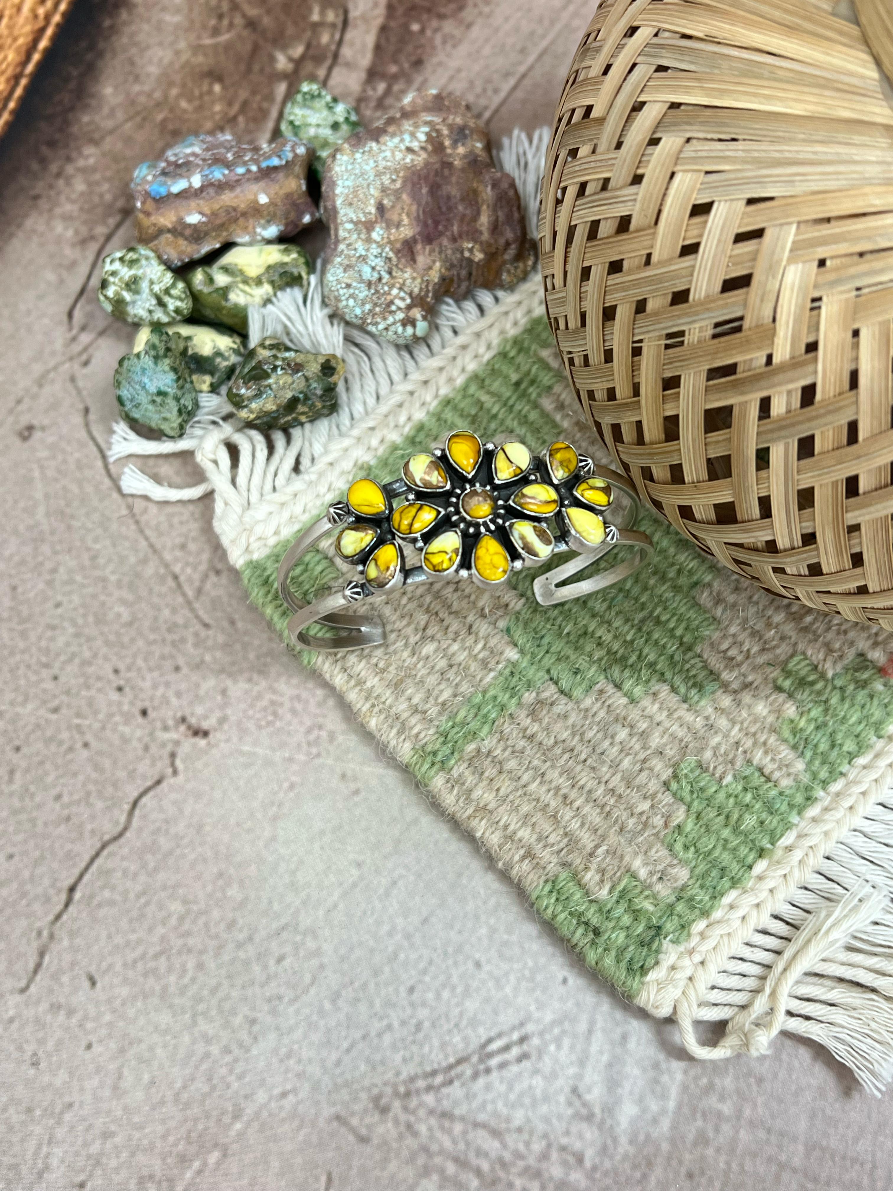 Handmade Sterling Silver Honey Dahlia Cuff Bracelet with Signed Nizhoni