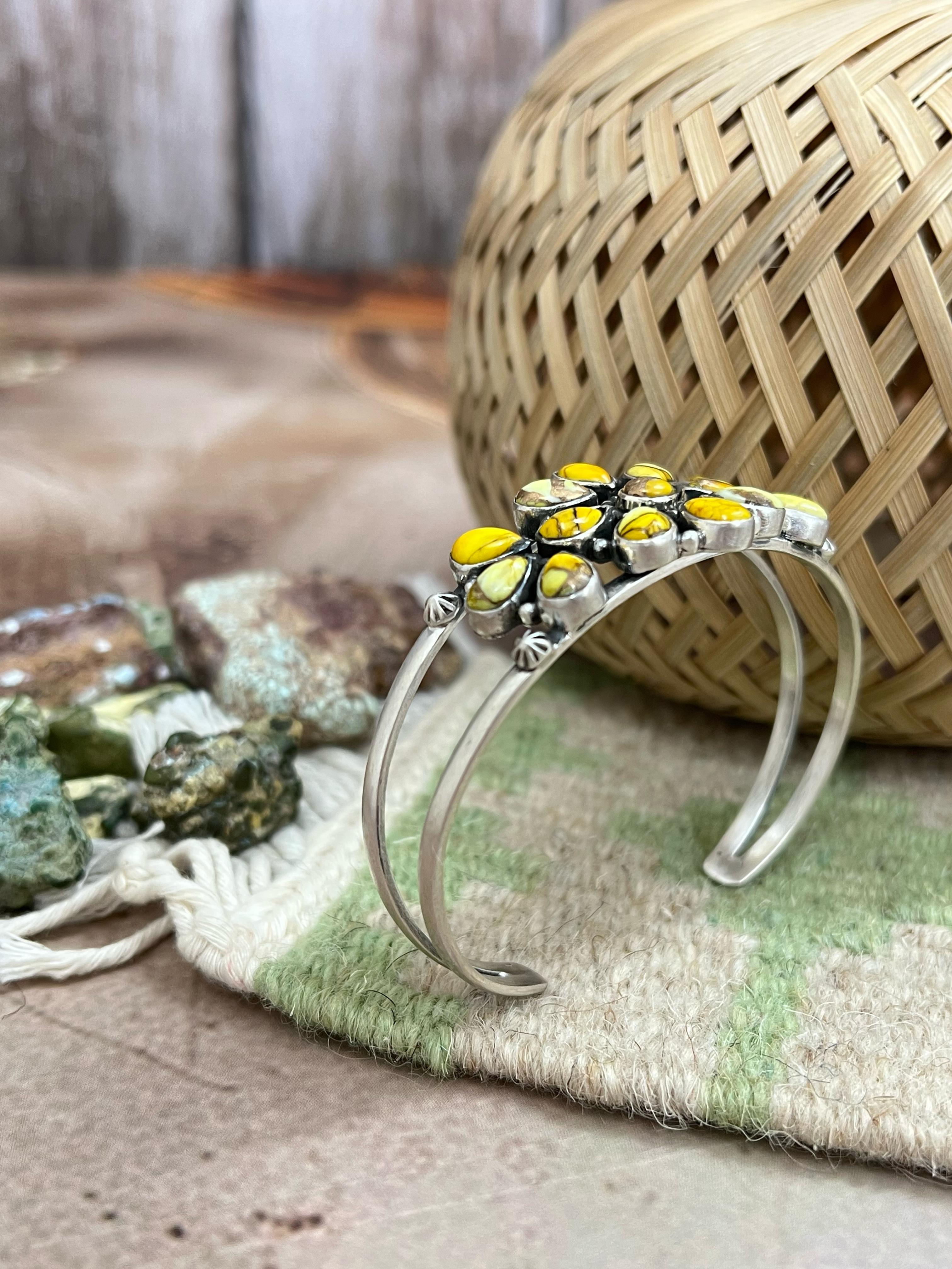 Handmade Sterling Silver Honey Dahlia Cuff Bracelet with Signed Nizhoni