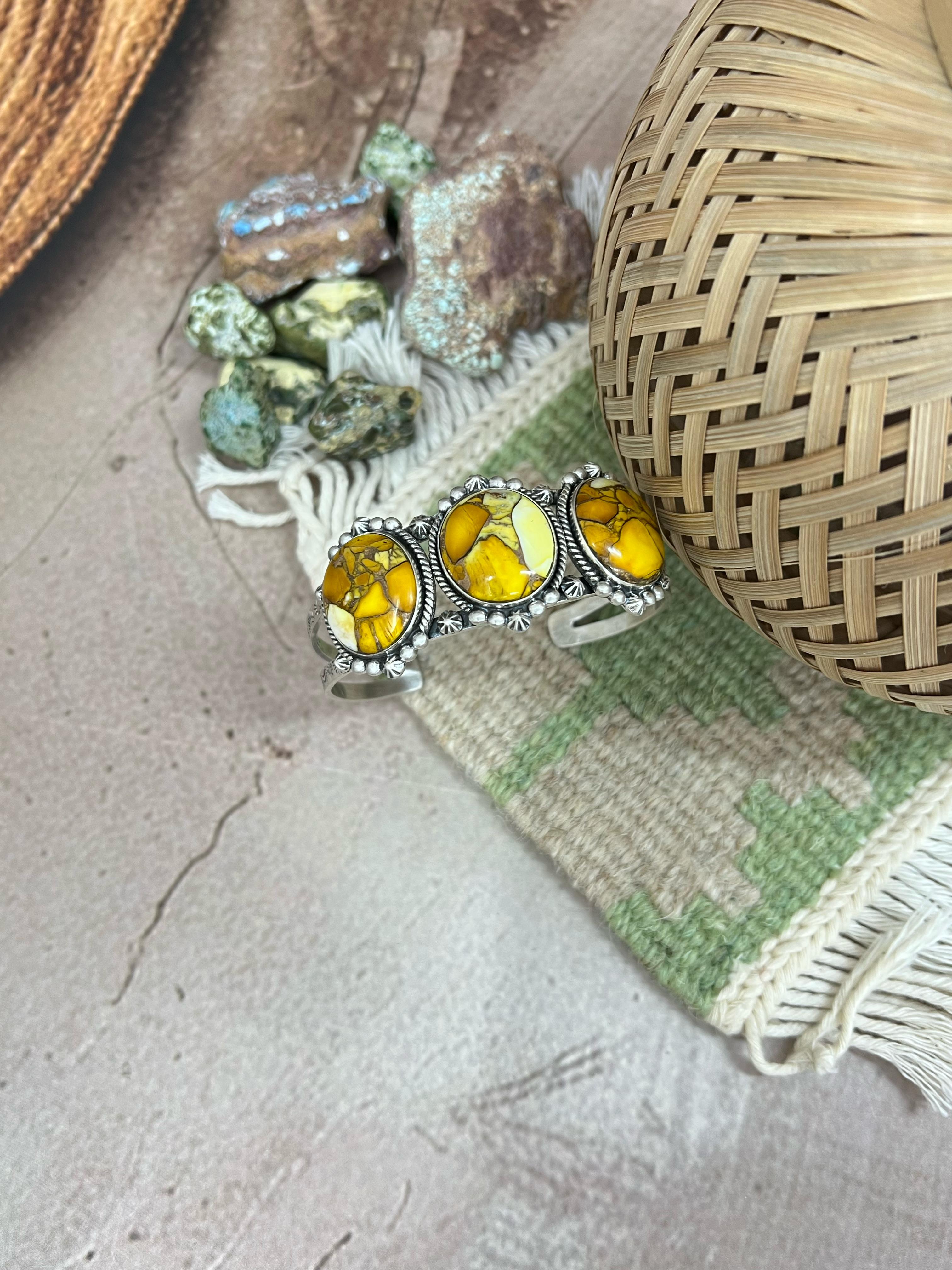 Handmade Sterling Silver Honey Dahlia Cuff Bracelet with Signed Nizhoni