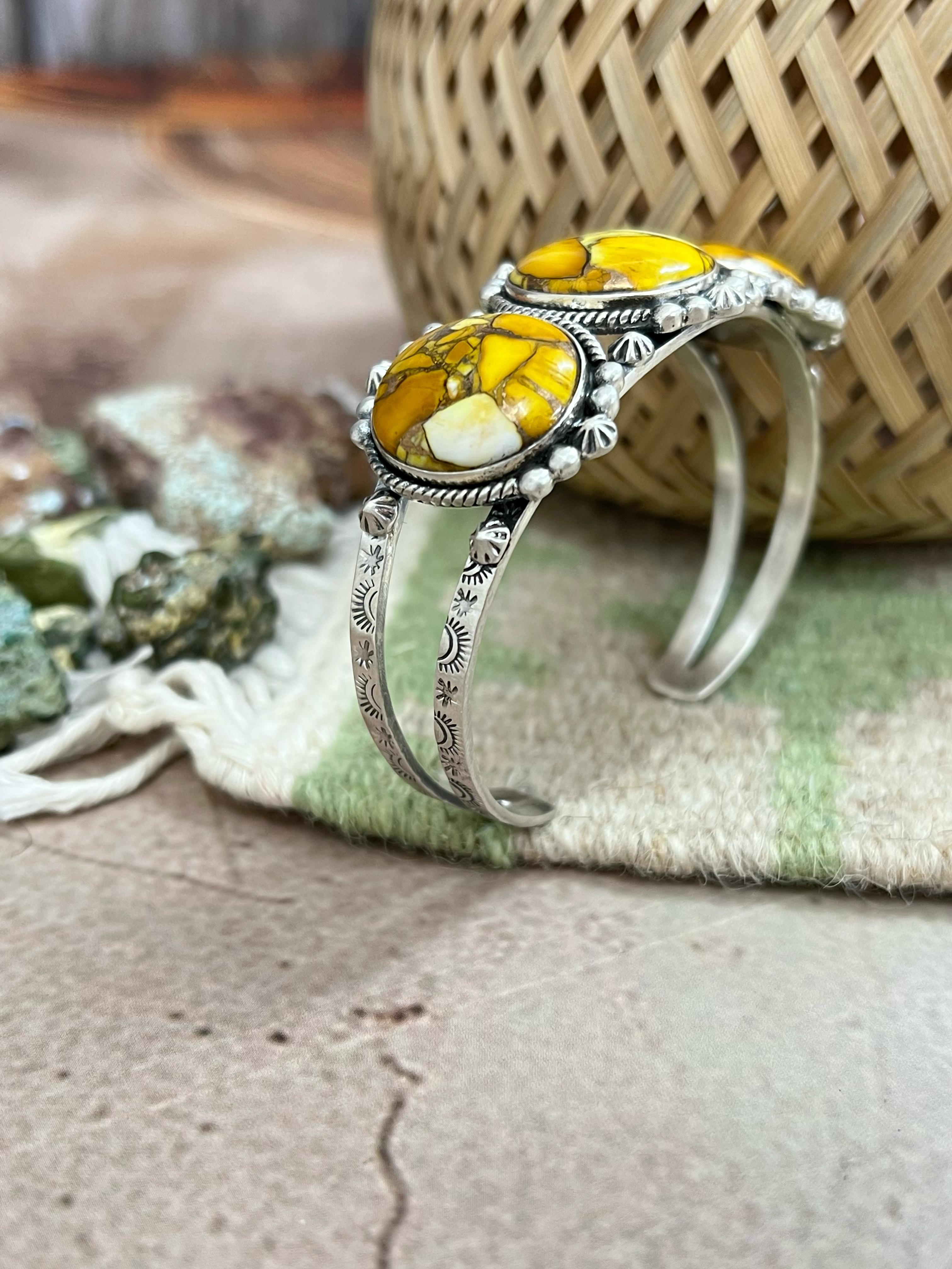 Handmade Sterling Silver Honey Dahlia Cuff Bracelet with Signed Nizhoni