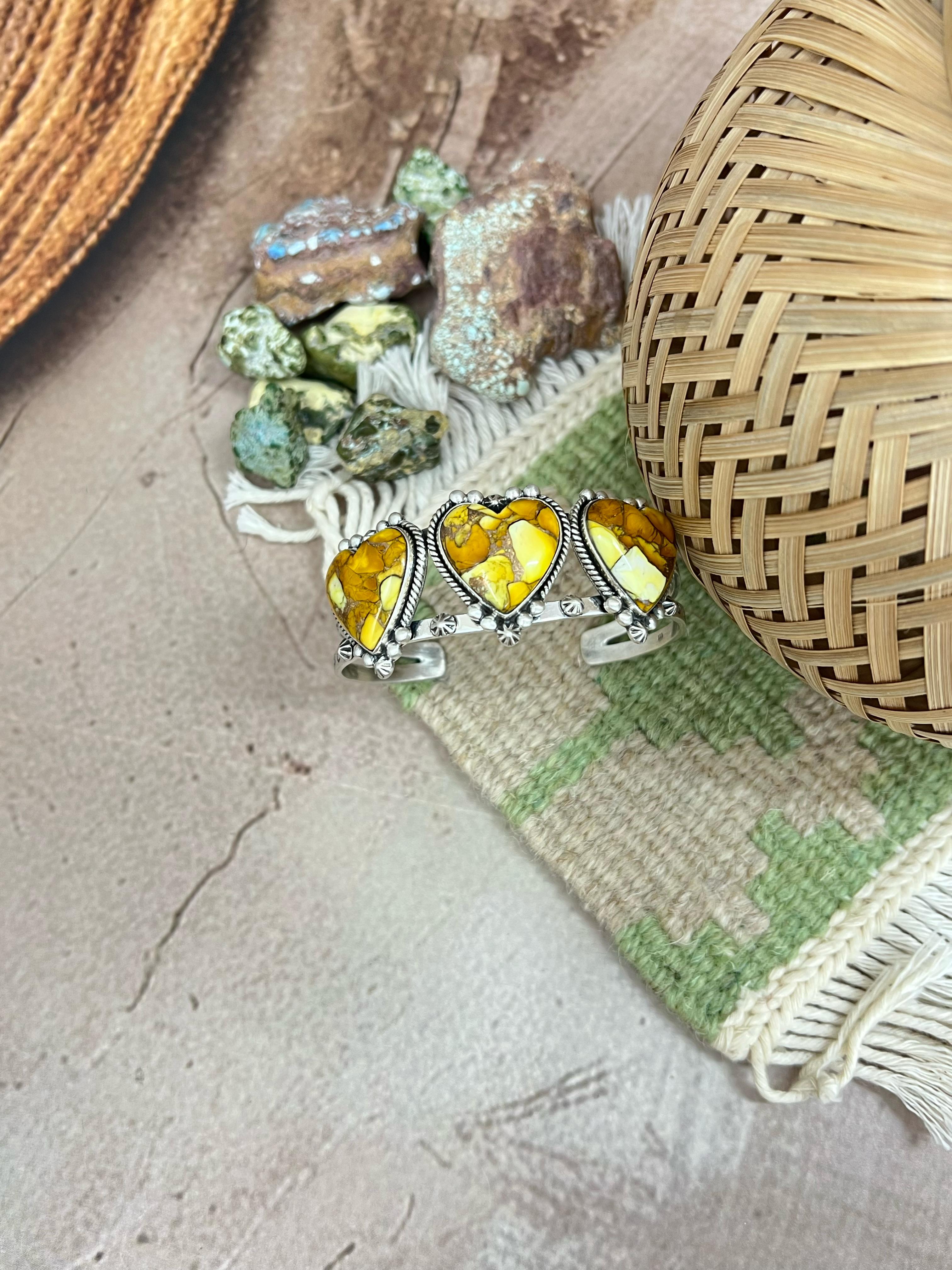 Handmade Sterling Silver Honey Dahlia Cuff Heart Bracelet with Signed Nizhoni