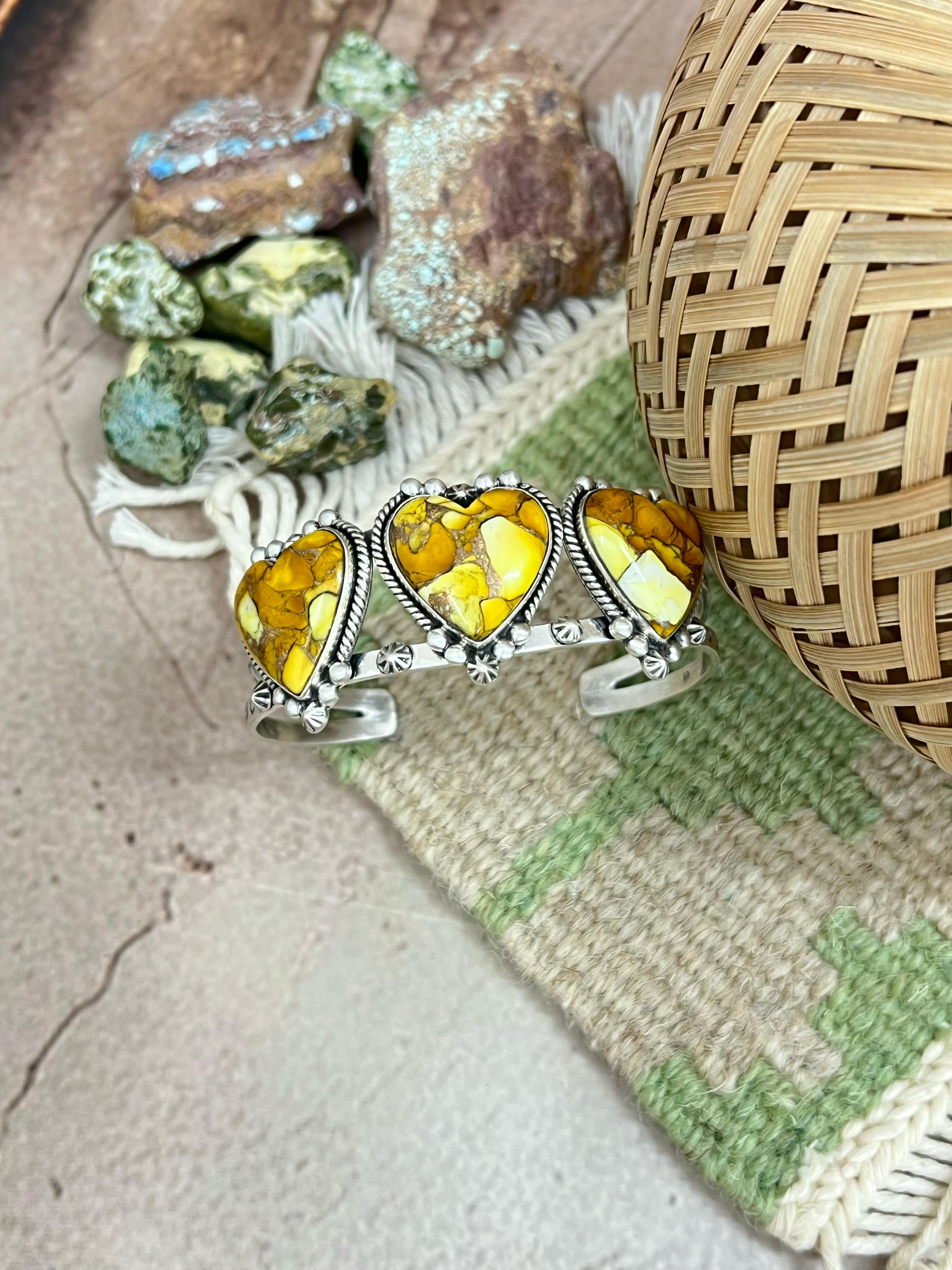 Handmade Sterling Silver Honey Dahlia Cuff Heart Bracelet with Signed Nizhoni