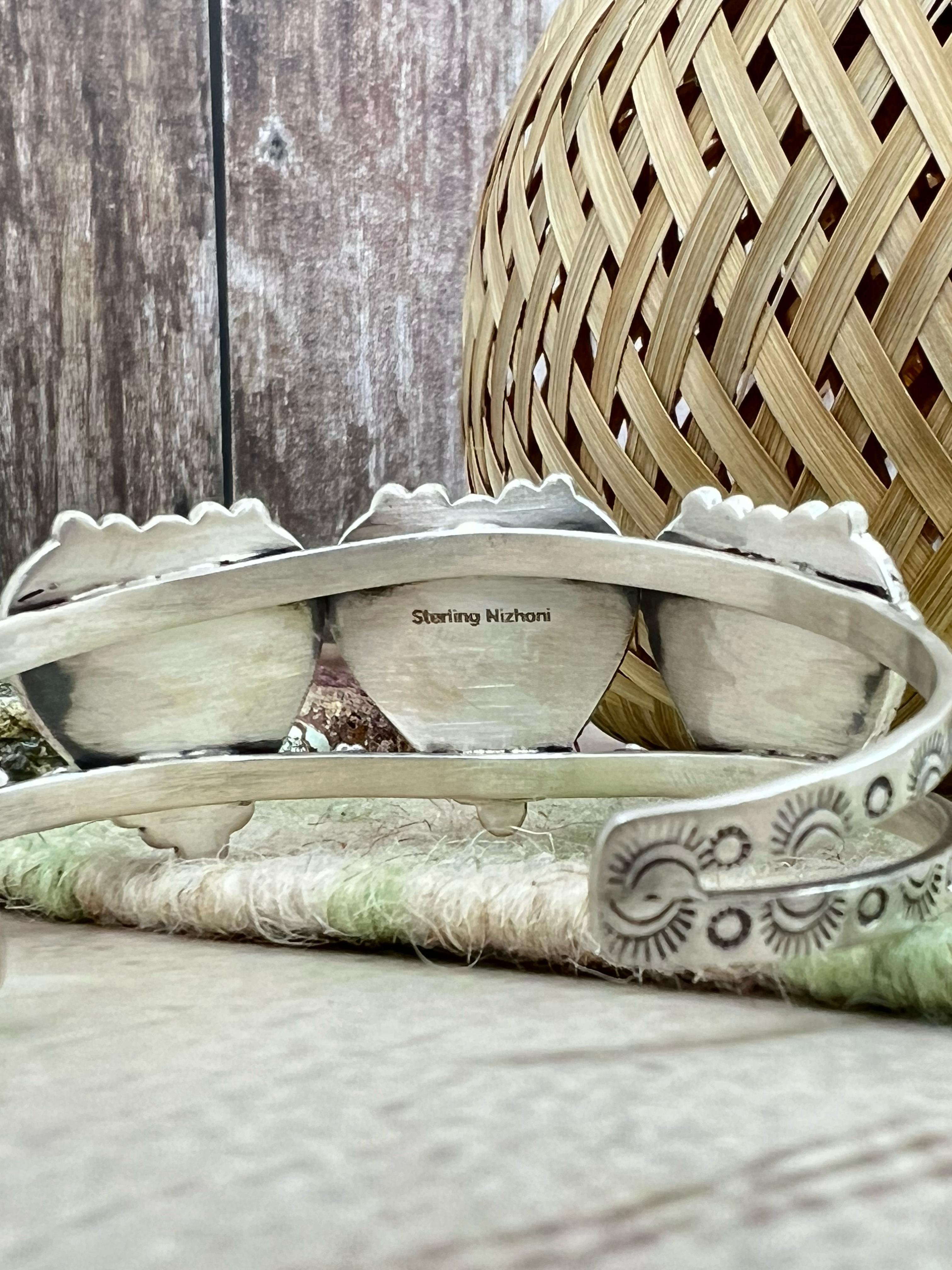 Handmade Sterling Silver Honey Dahlia Cuff Heart Bracelet with Signed Nizhoni