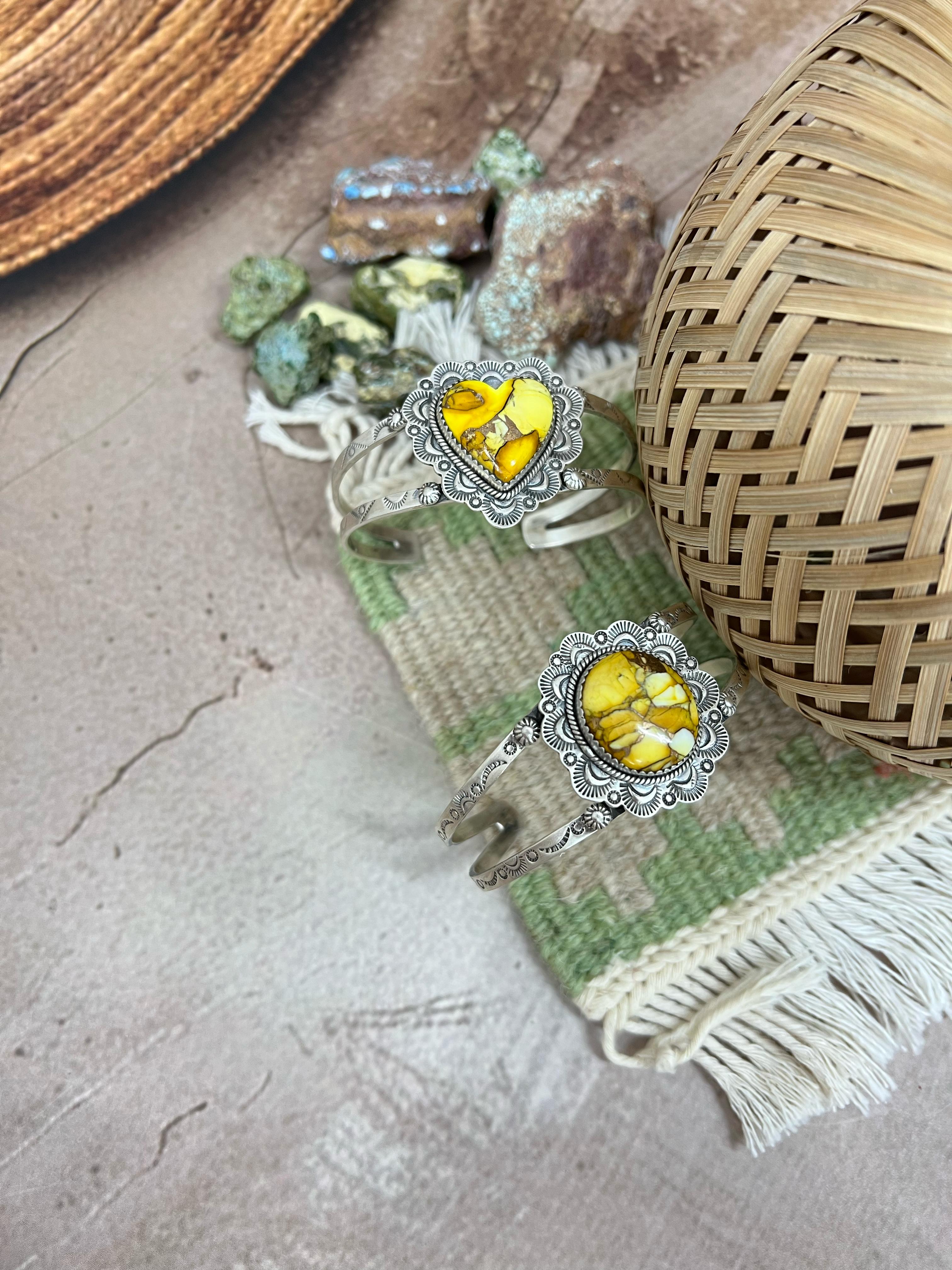 Handmade Sterling Silver Honey Dahlia Cuff Bracelet with Signed Nizhoni