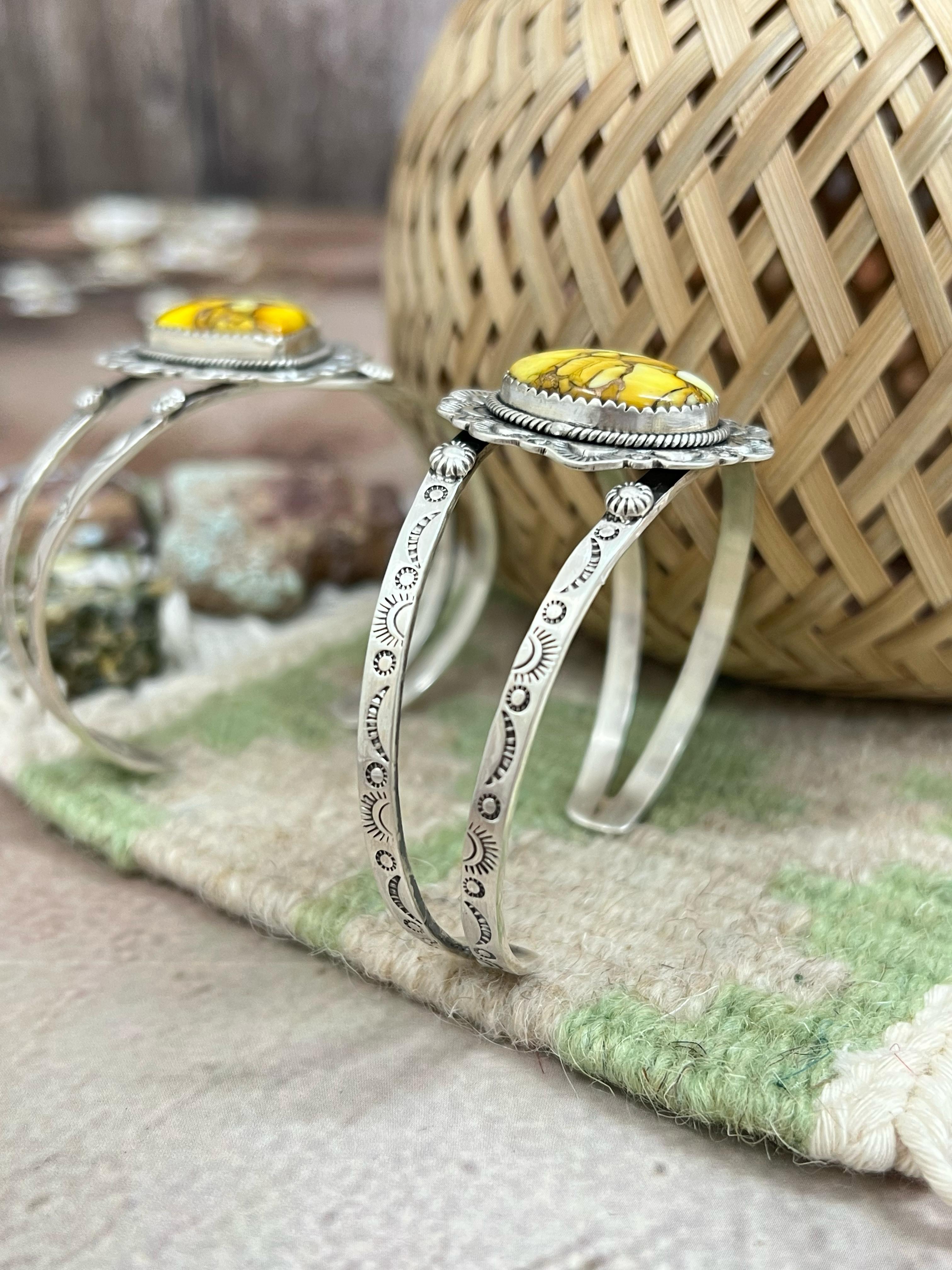 Handmade Sterling Silver Honey Dahlia Cuff Bracelet with Signed Nizhoni