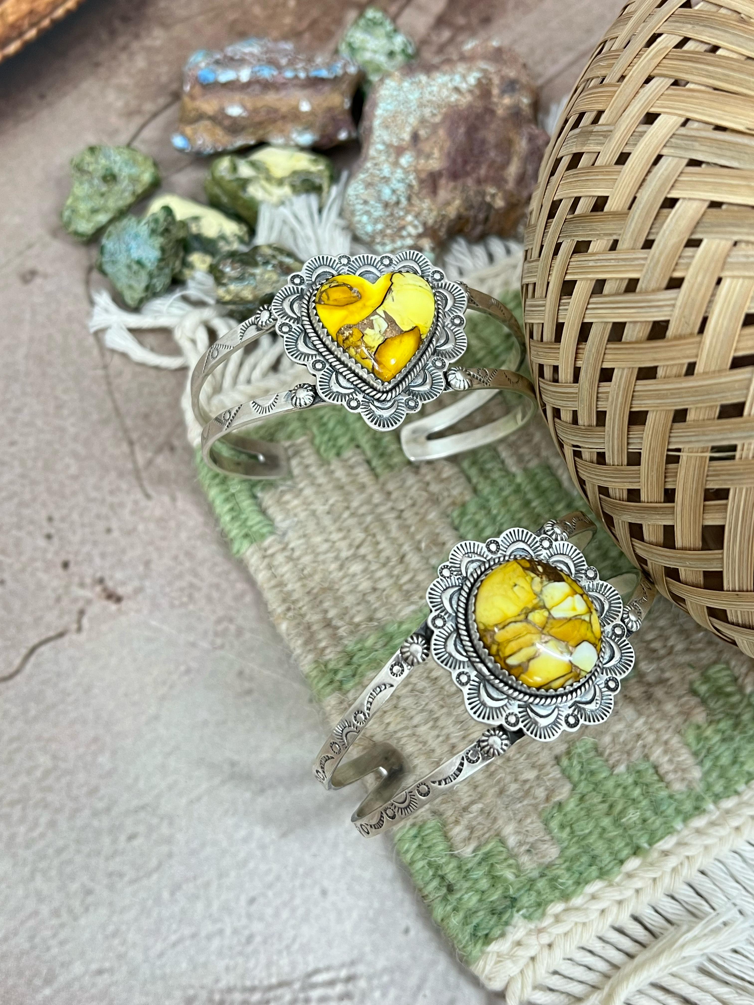 Handmade Sterling Silver Honey Dahlia Cuff Bracelet with Signed Nizhoni