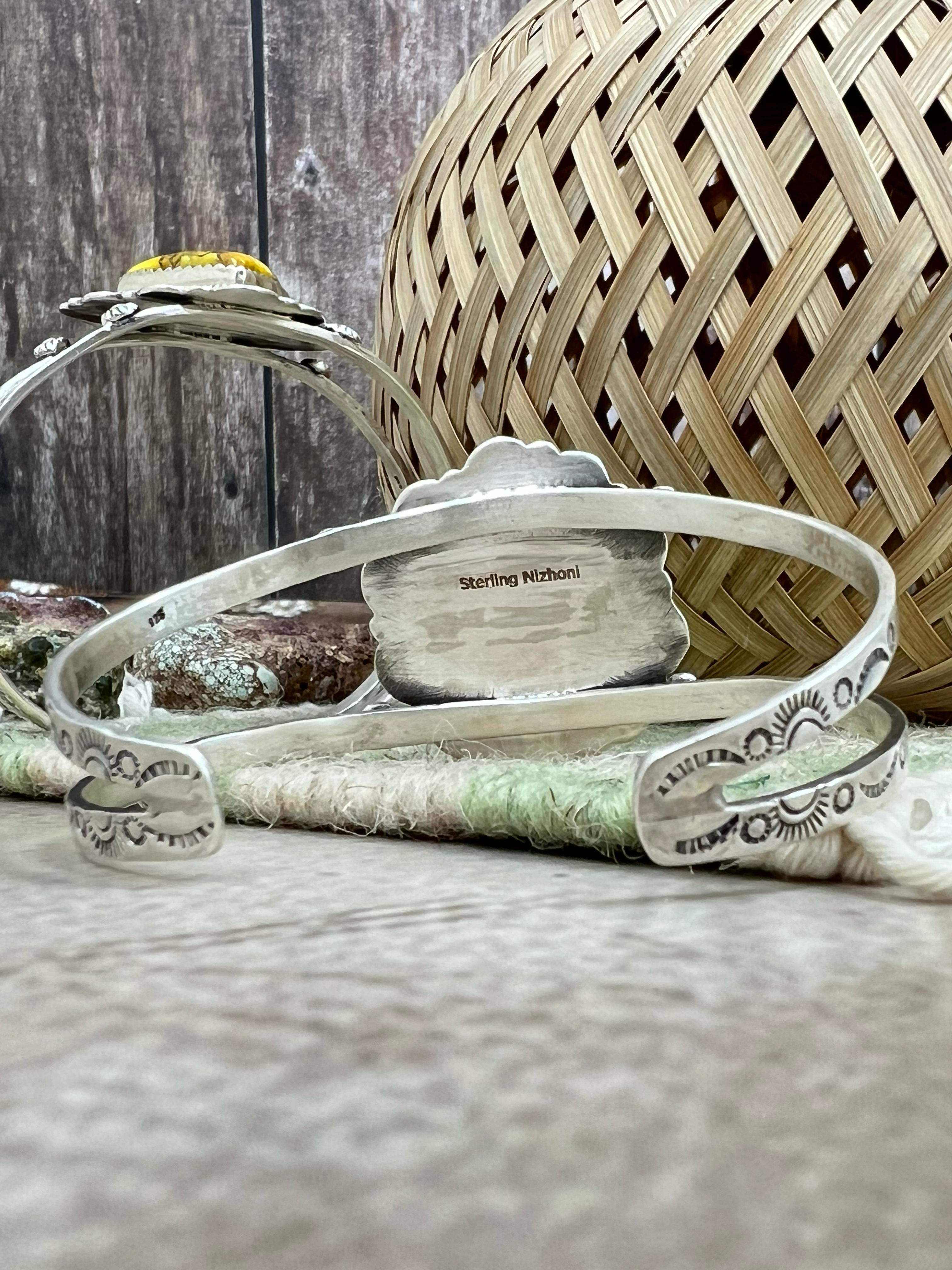 Handmade Sterling Silver Honey Dahlia Cuff Bracelet with Signed Nizhoni