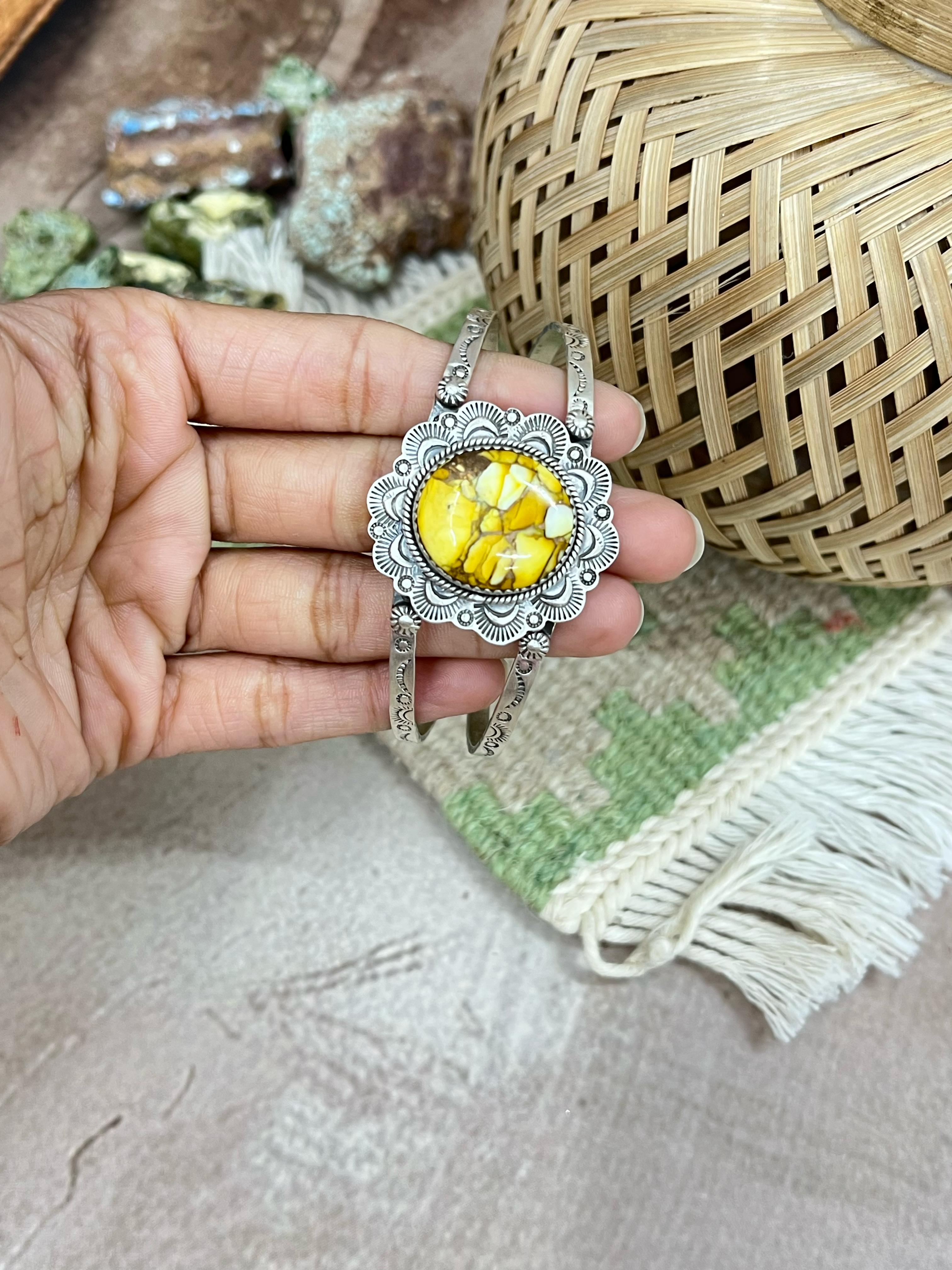 Handmade Sterling Silver Honey Dahlia Cuff Bracelet with Signed Nizhoni