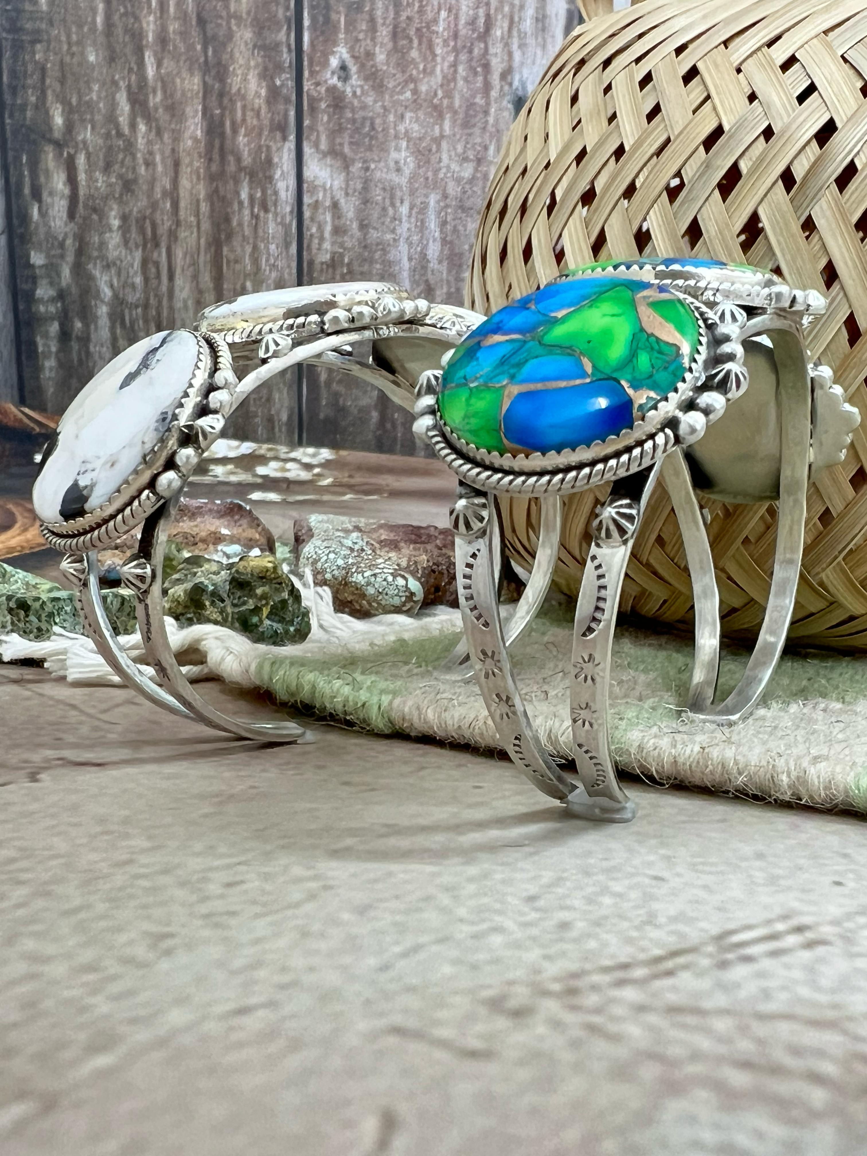 Handmade Sterling Silver Peacock Dahlia, White Buffalo Turquoise Cuff Bracelet with Signed Nizhoni