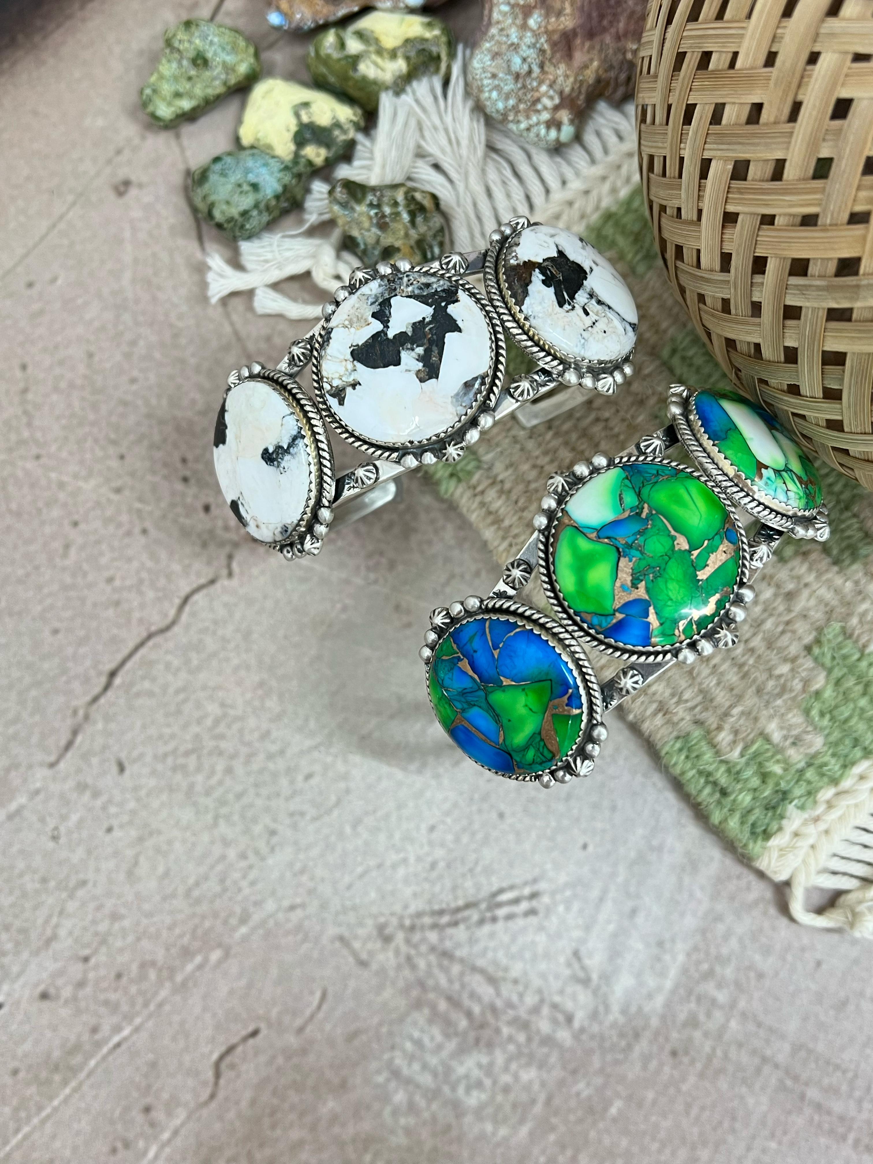 Handmade Sterling Silver Peacock Dahlia, White Buffalo Turquoise Cuff Bracelet with Signed Nizhoni