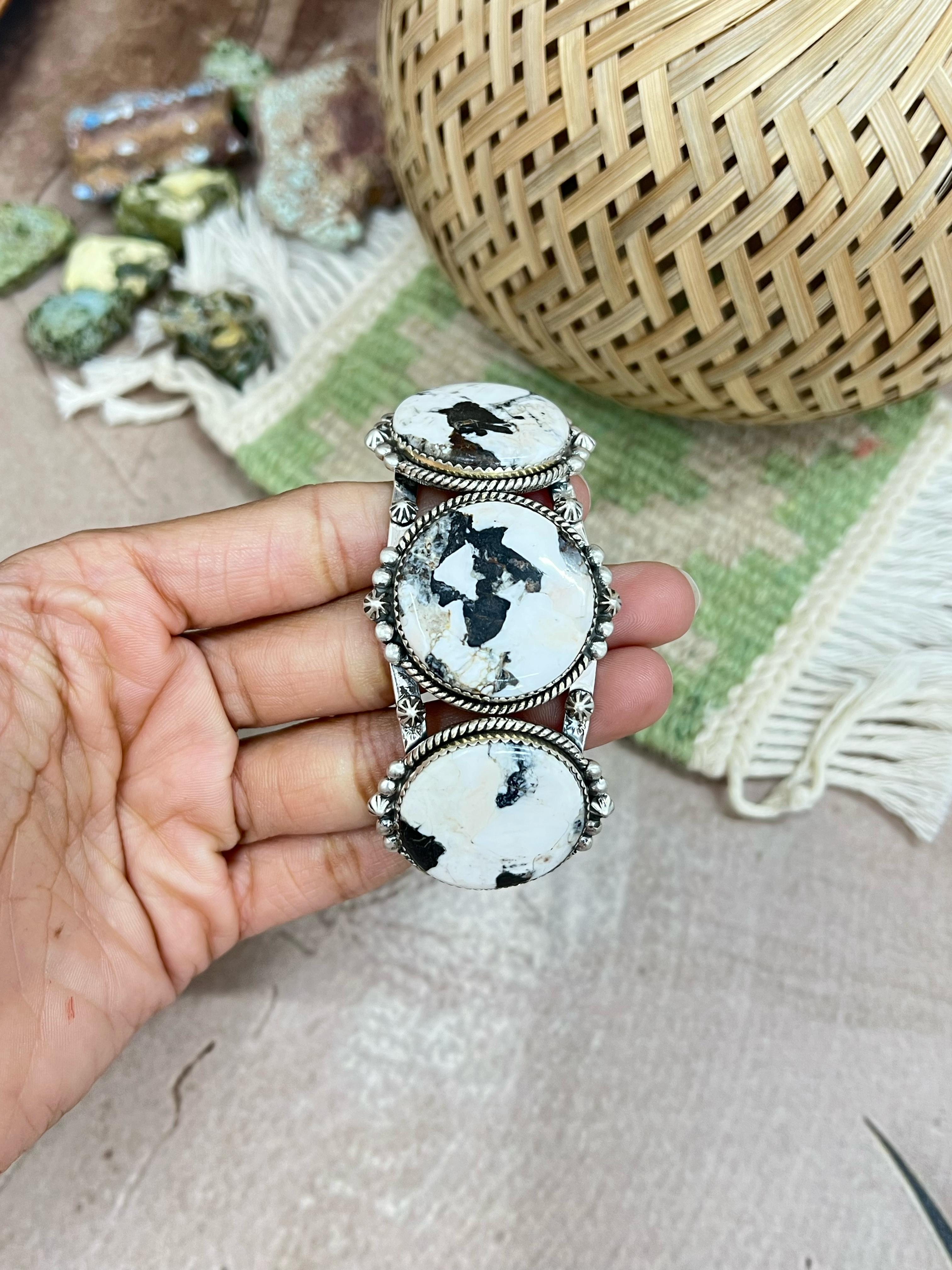 Handmade Sterling Silver Peacock Dahlia, White Buffalo Turquoise Cuff Bracelet with Signed Nizhoni