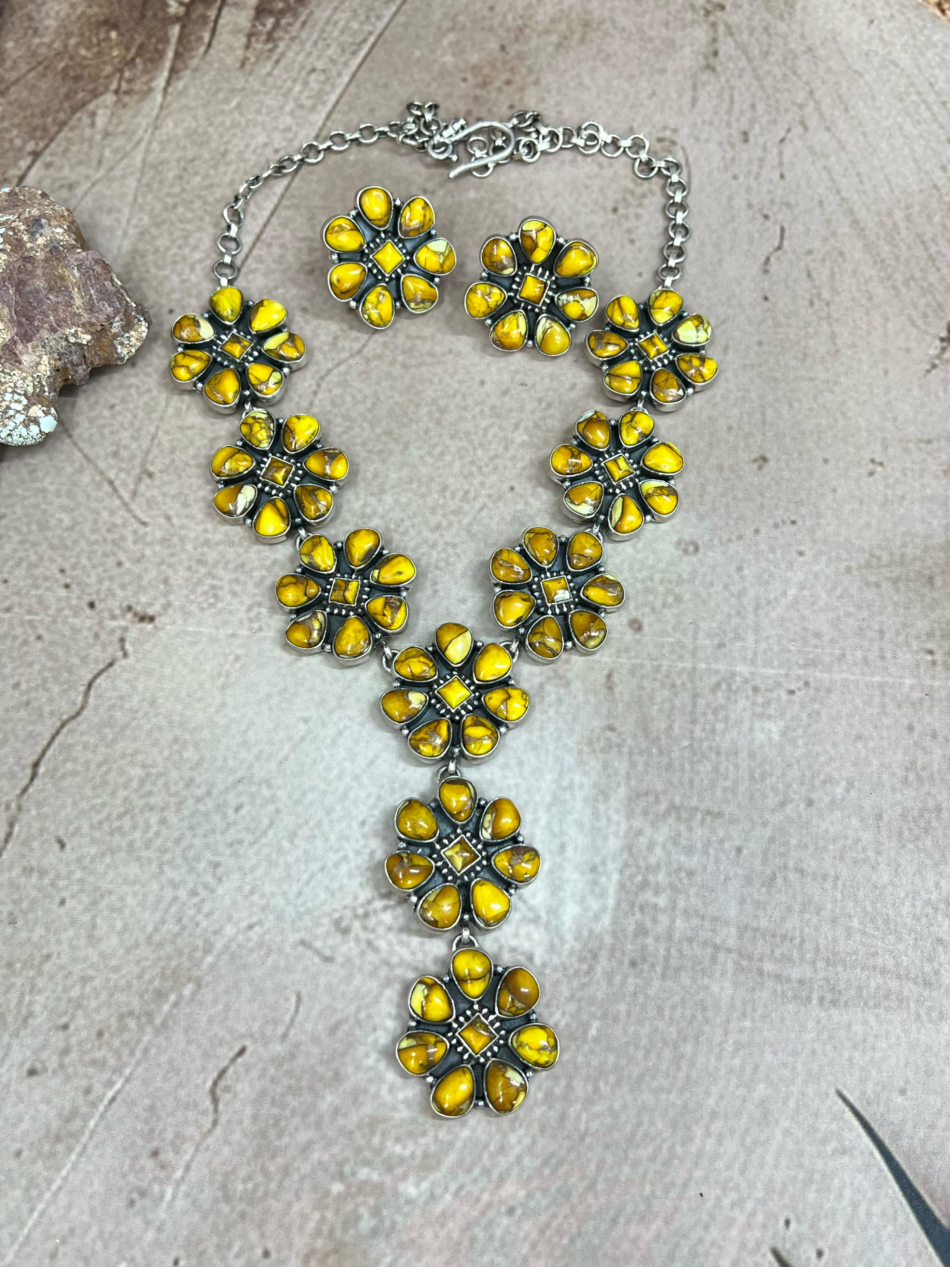 Handmade Sterling Silver Honey Dahlia Necklace Post Earrings, Signed Nizhoni