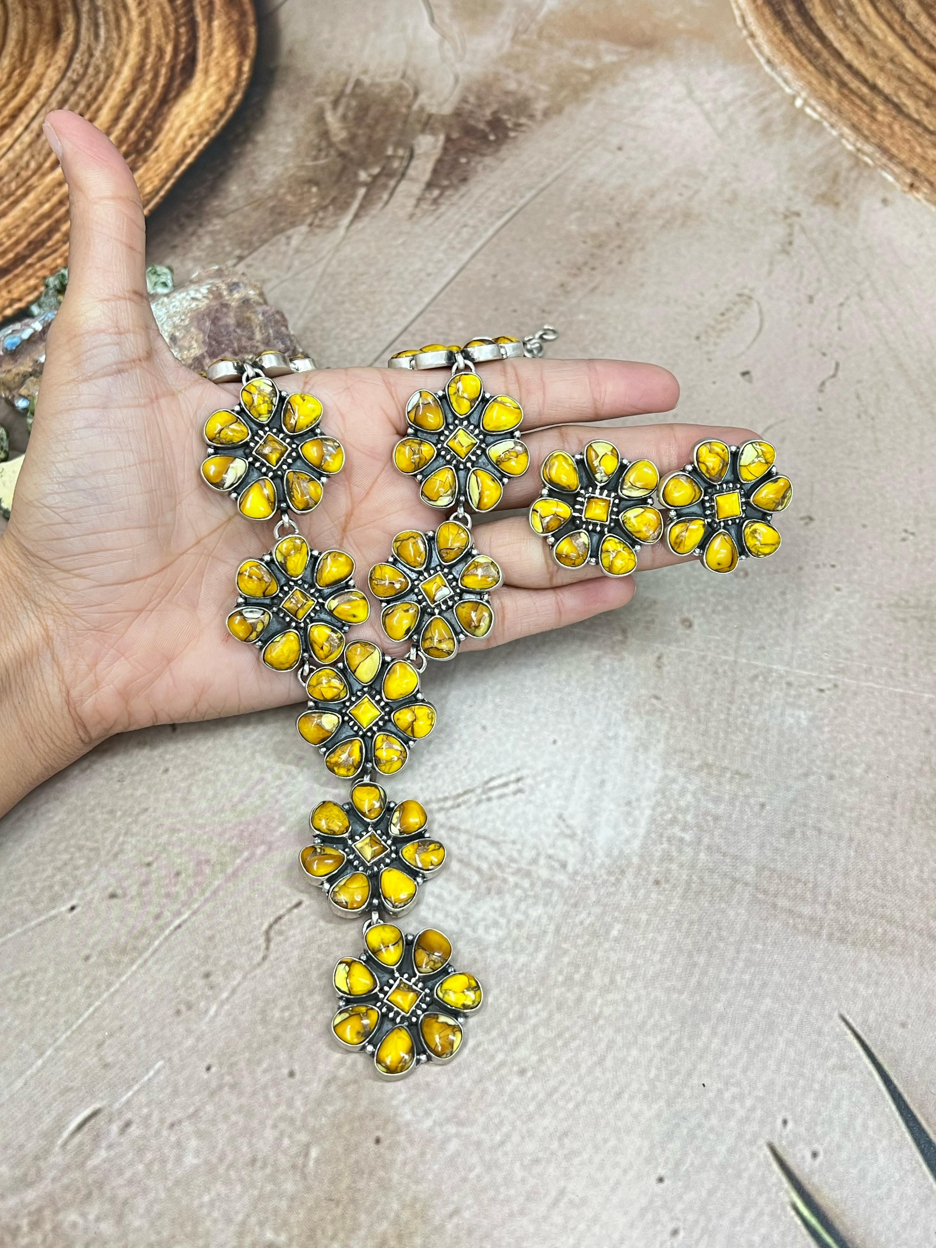 Handmade Sterling Silver Honey Dahlia Necklace Post Earrings, Signed Nizhoni