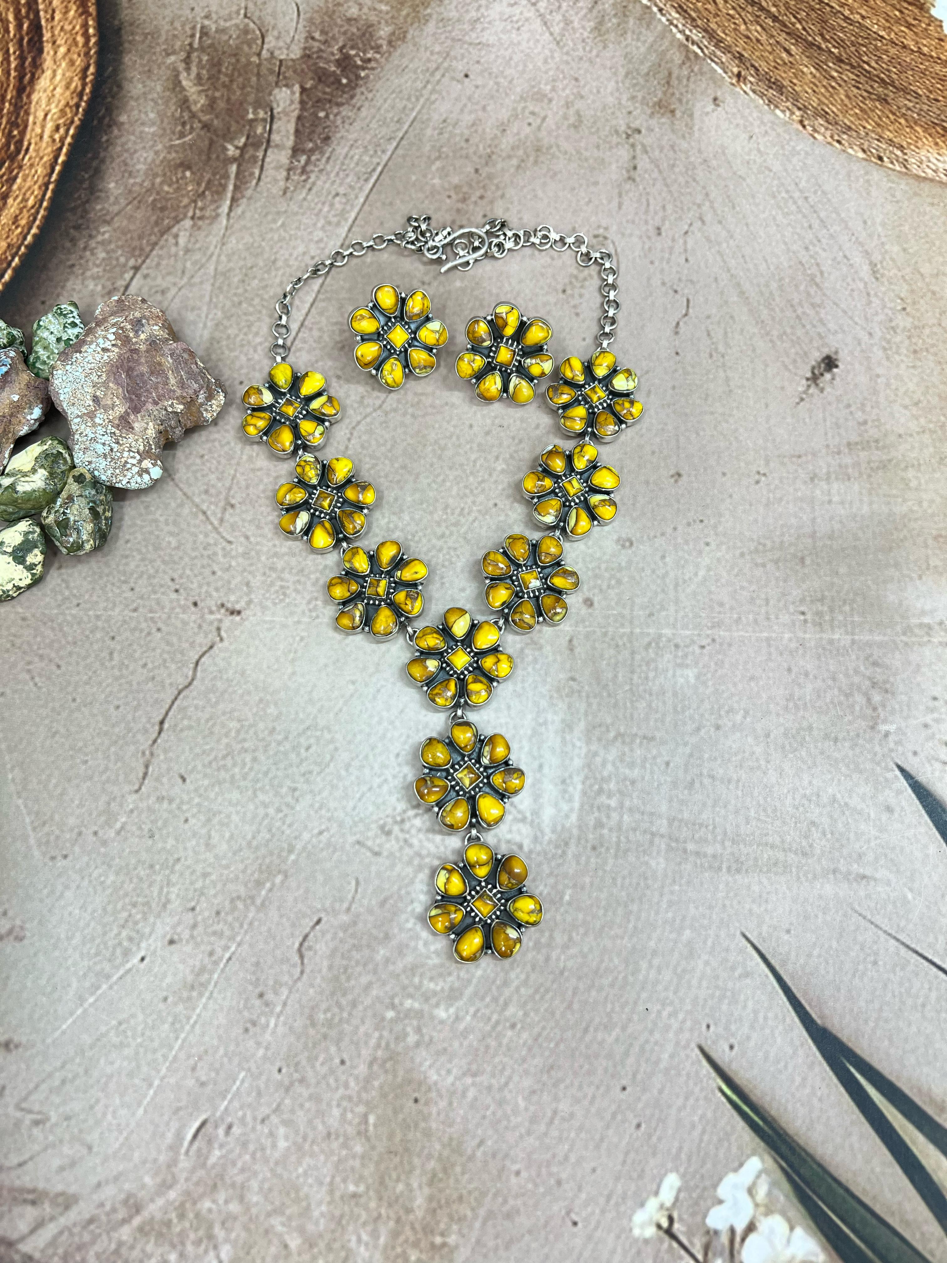 Handmade Sterling Silver Honey Dahlia Necklace Post Earrings, Signed Nizhoni