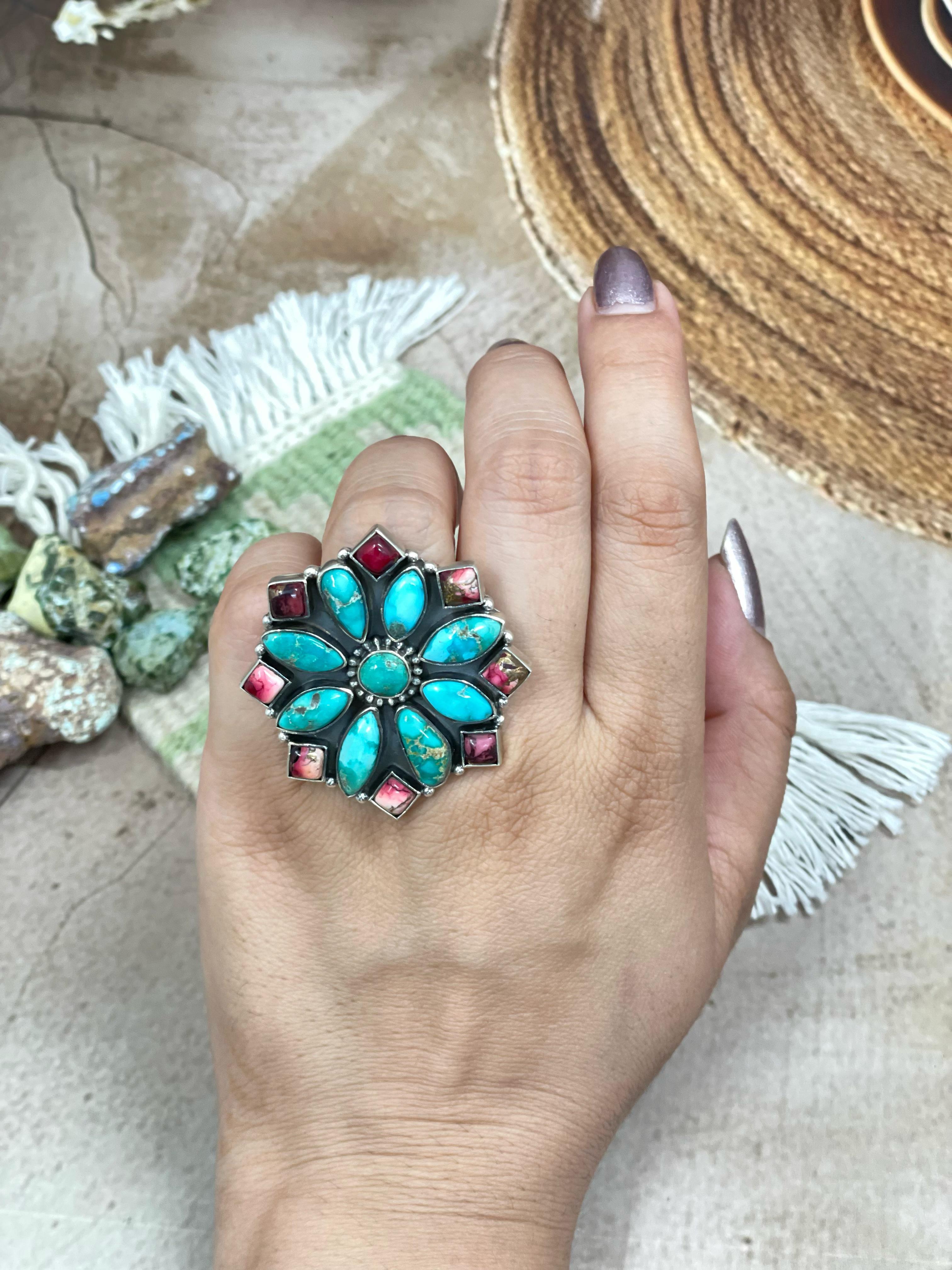 Handmade Sterling Silver Emerald Valley Turquoise with Dahlia Rose Adjustable Rings with Signed Nizhoni