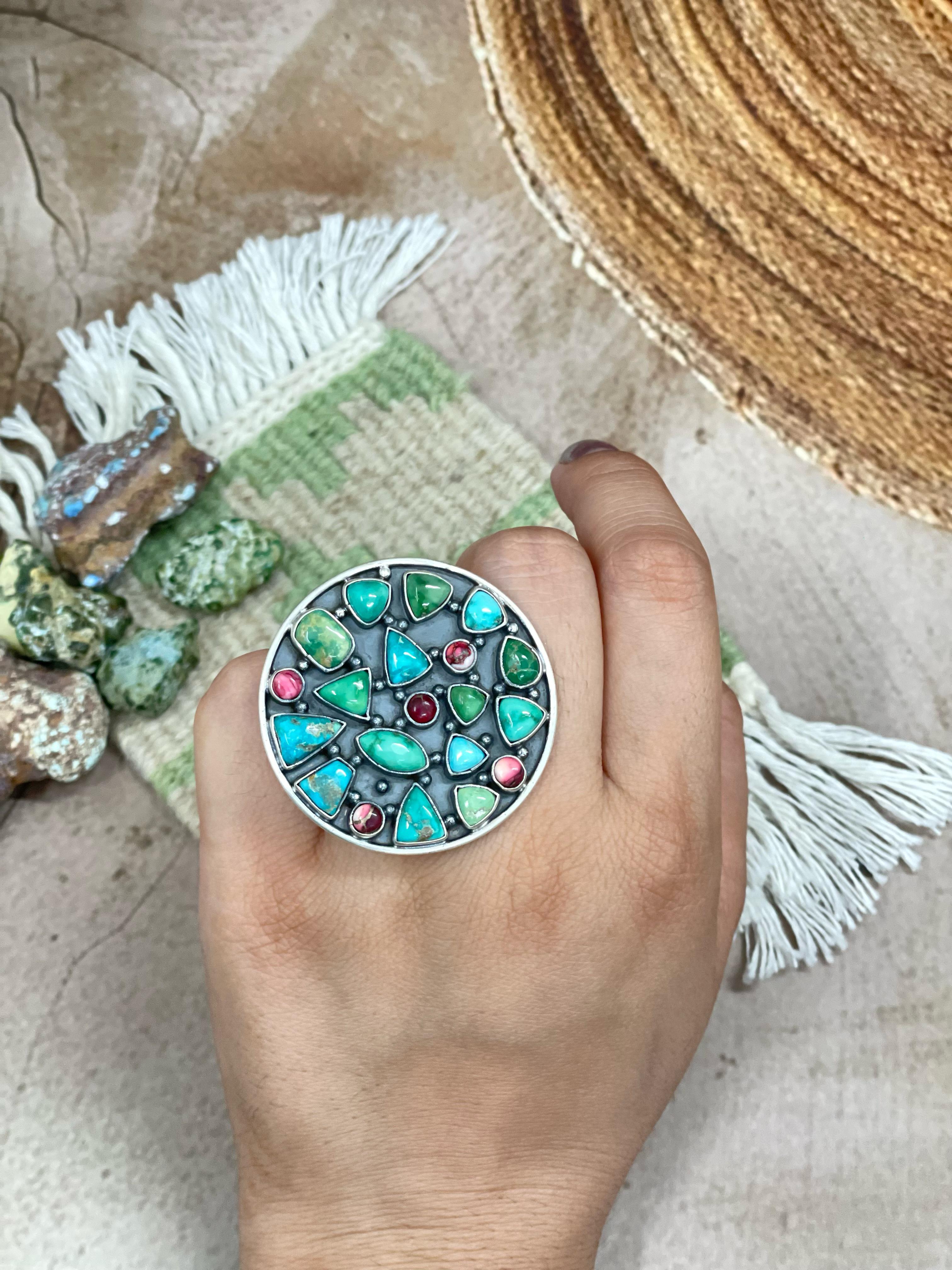 Handmade Sterling Silver Emerald Valley with Dahlia Rose Adjustable Rings, Signed Nizhoni