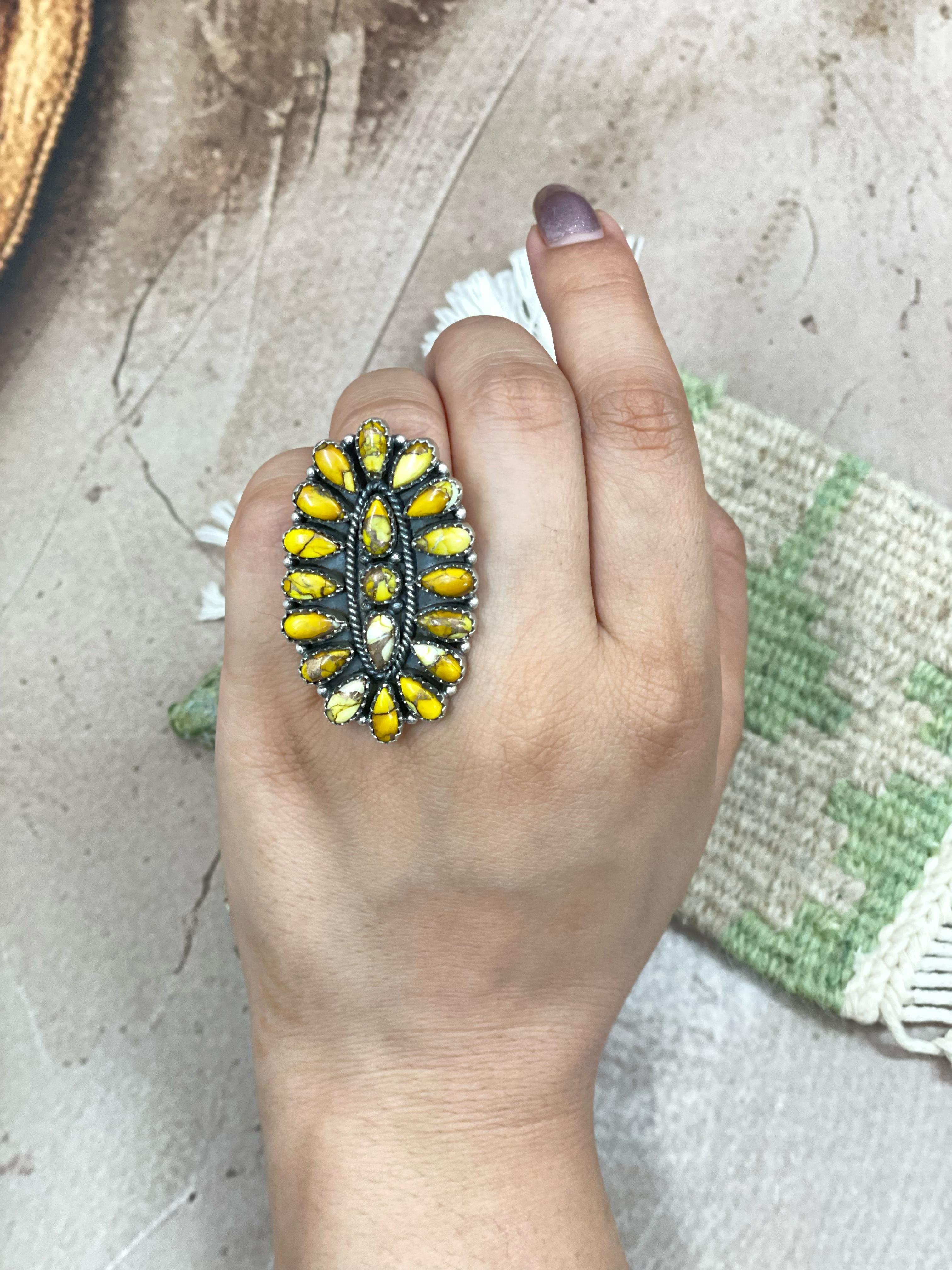 Handmade Sterling Silver Honey Dahlia Adjustable Ring, Signed Nizhoni