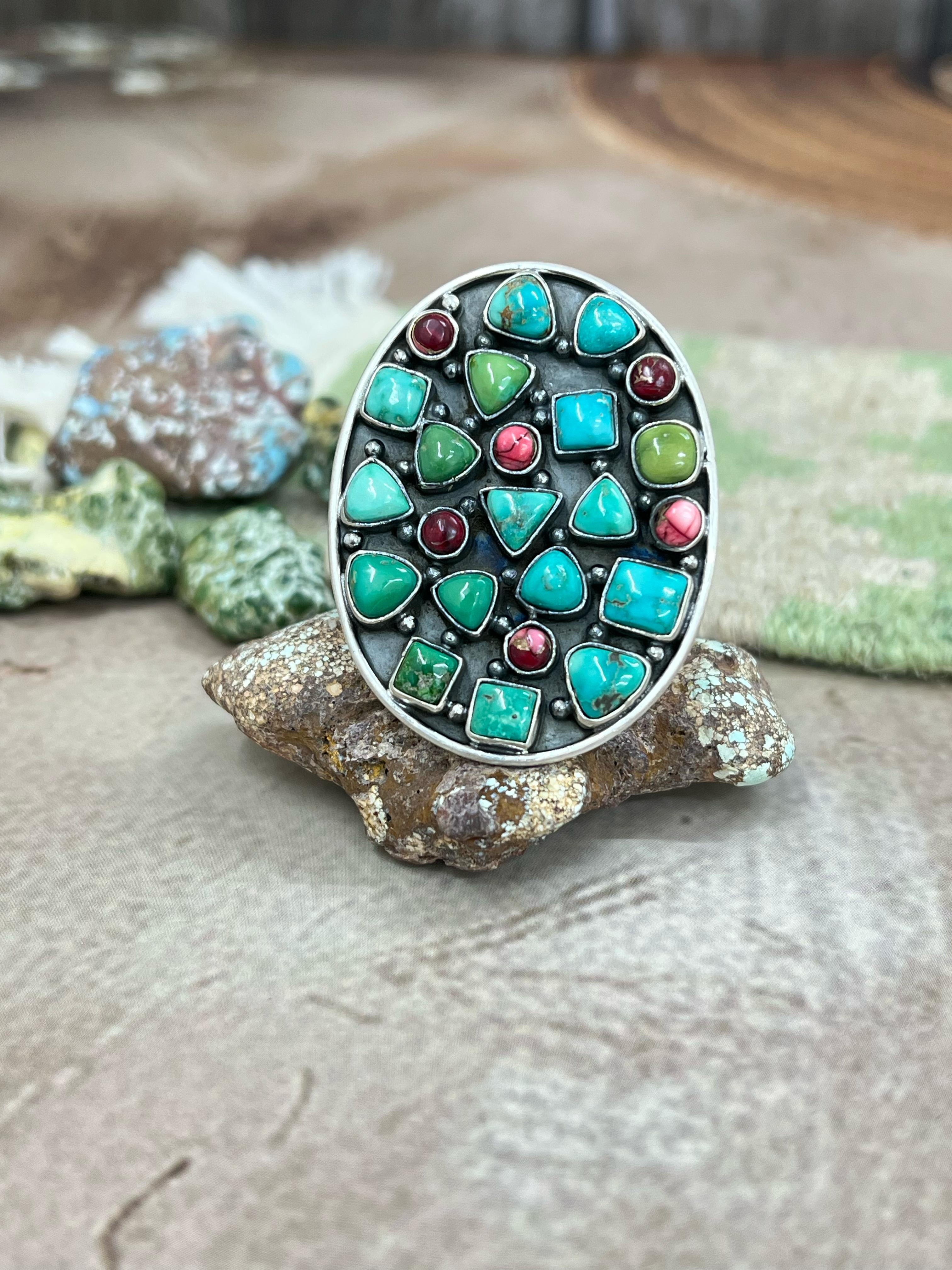 Handmade Sterling Silver Emerald Valley with Dahlia Rose Adjustable Rings with Signed Nizhoni