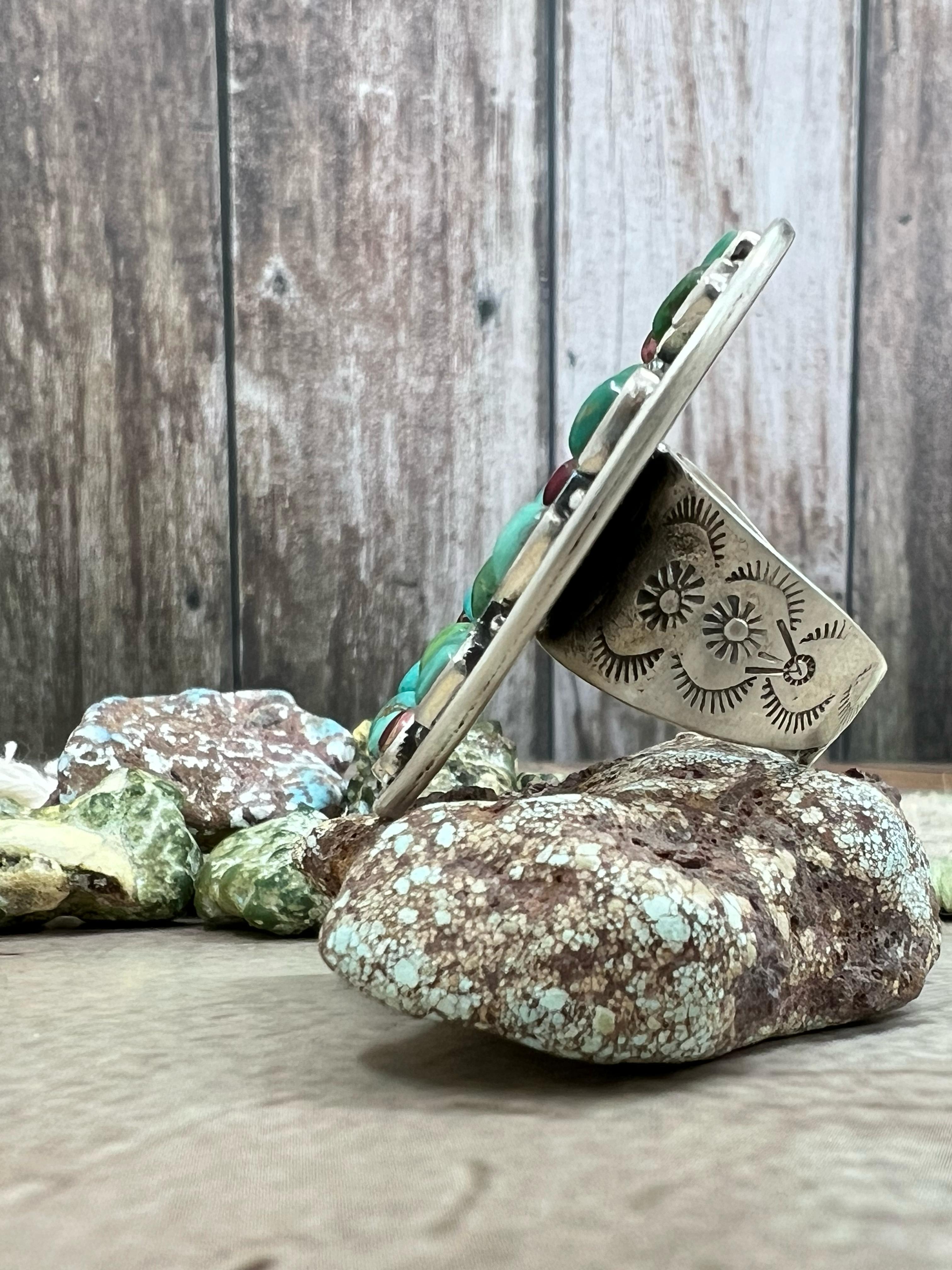 Handmade Sterling Silver Emerald Valley with Dahlia Rose Adjustable Rings with Signed Nizhoni