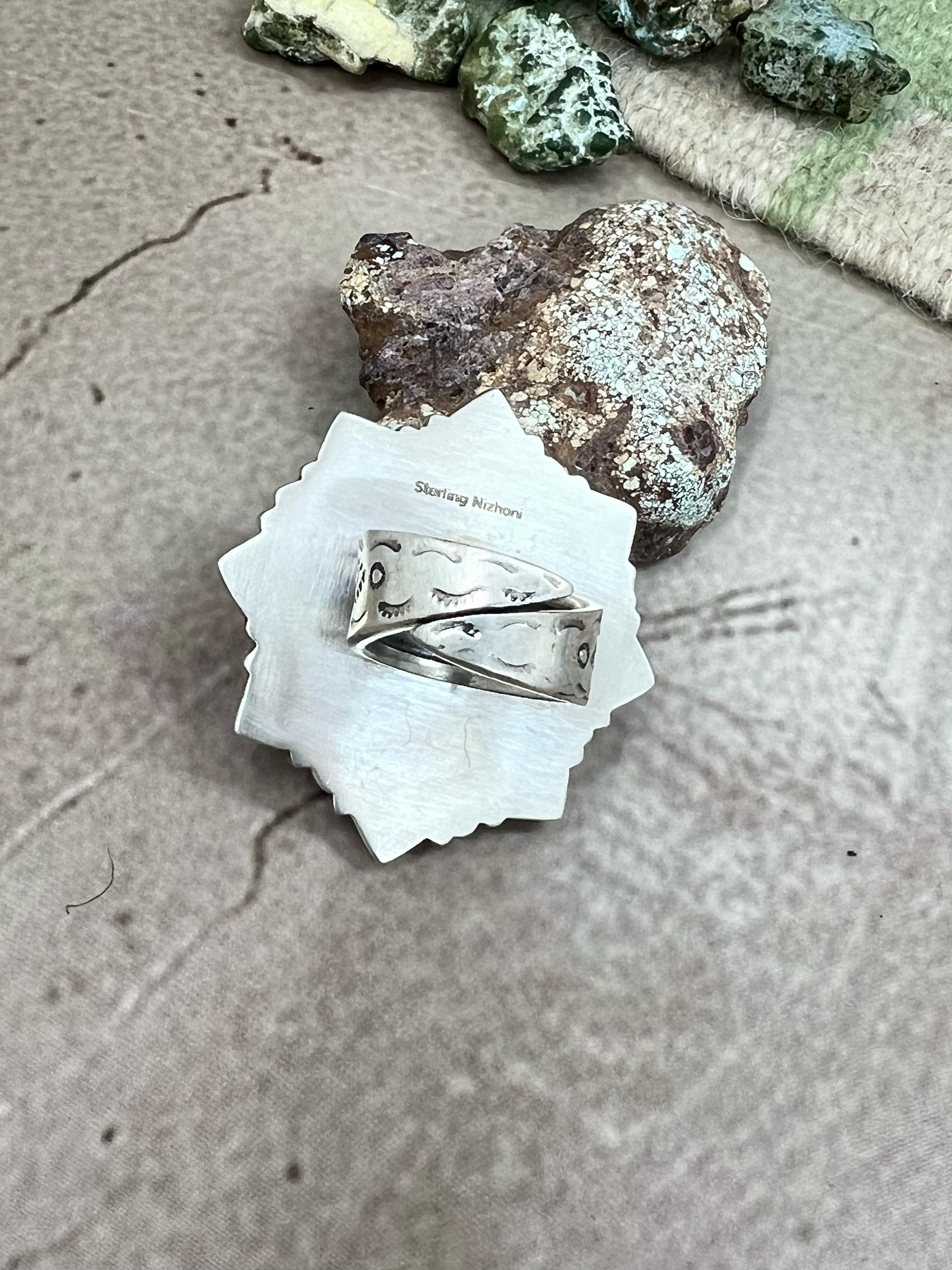 Handmade Sterling Silver Emerald Valley Turquoise with Dahlia Rose Adjustable Rings with Signed Nizhoni