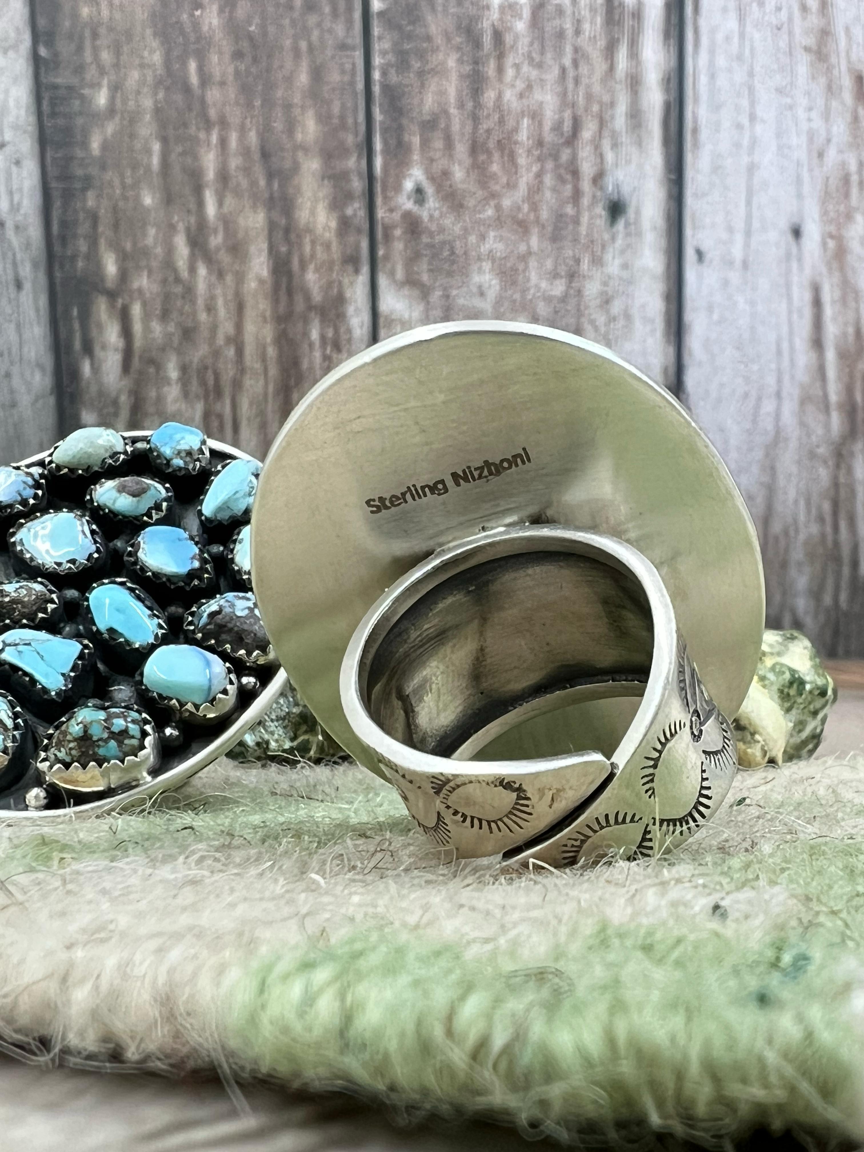Handmade Sterling Silver Golden Hill Turquoise, Sonoran Mountain Turquoise Adjustable Ring, Signed Nizhoni