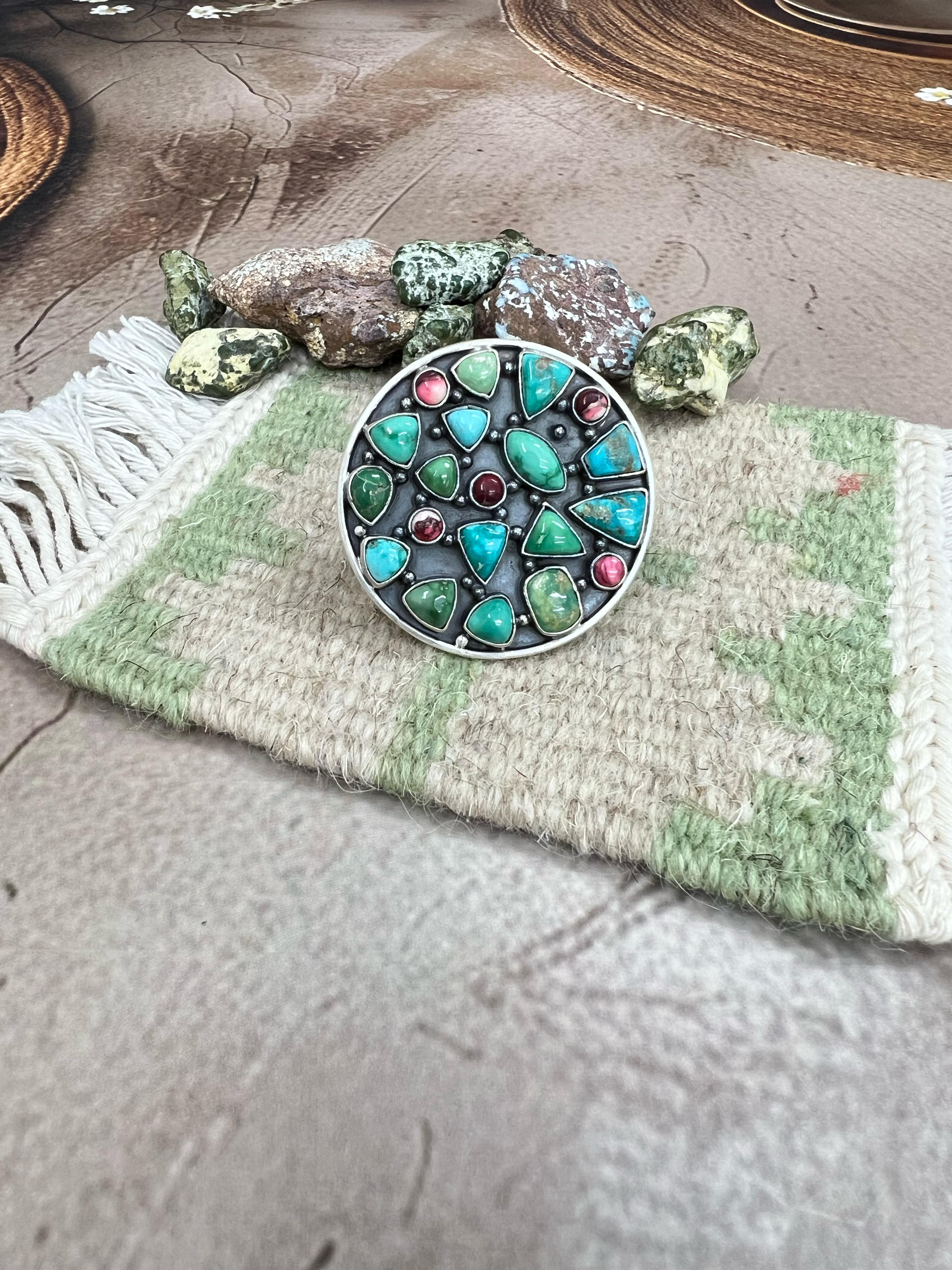 Handmade Sterling Silver Emerald Valley with Dahlia Rose Adjustable Rings, Signed Nizhoni