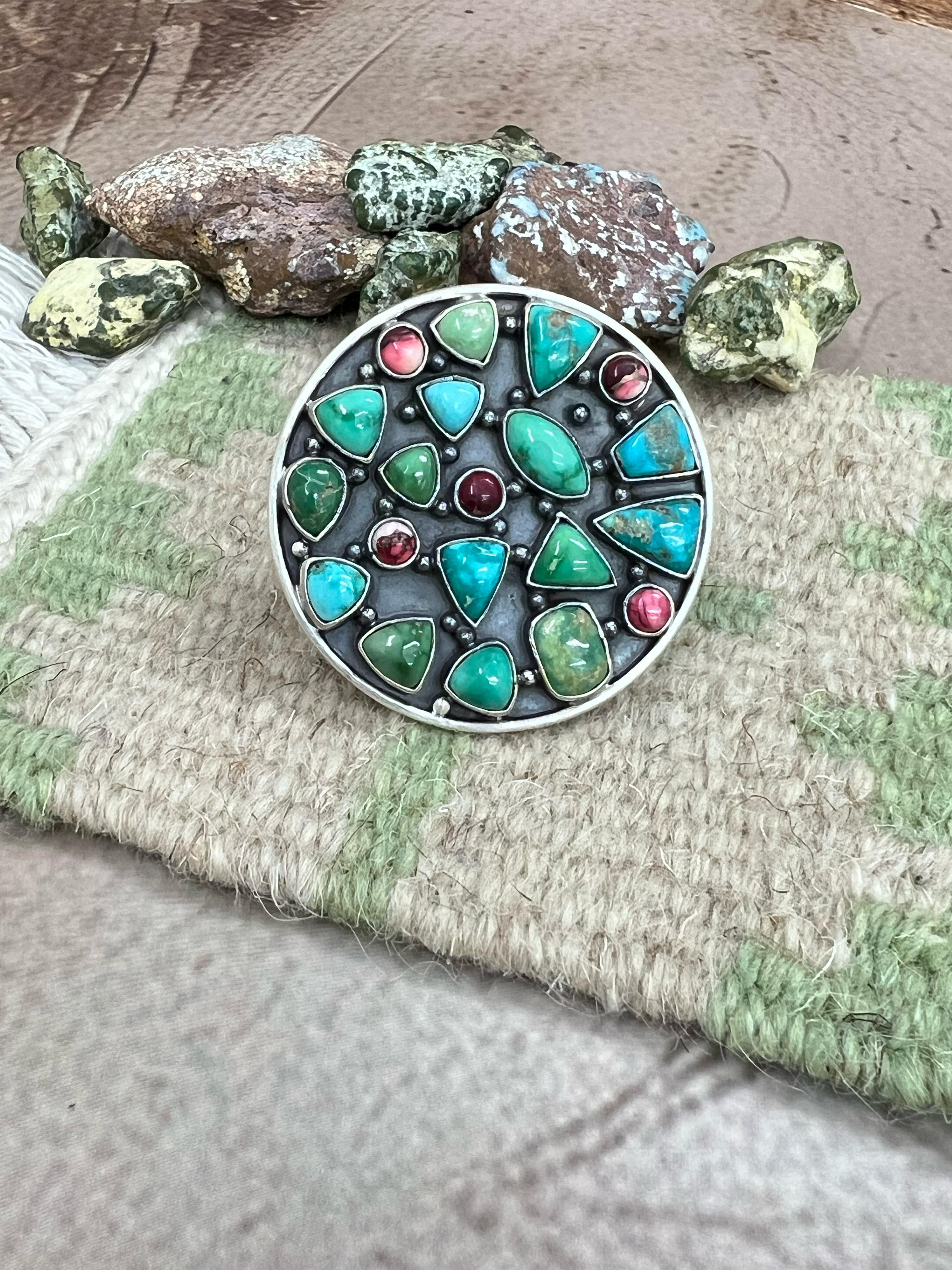 Handmade Sterling Silver Emerald Valley with Dahlia Rose Adjustable Rings, Signed Nizhoni