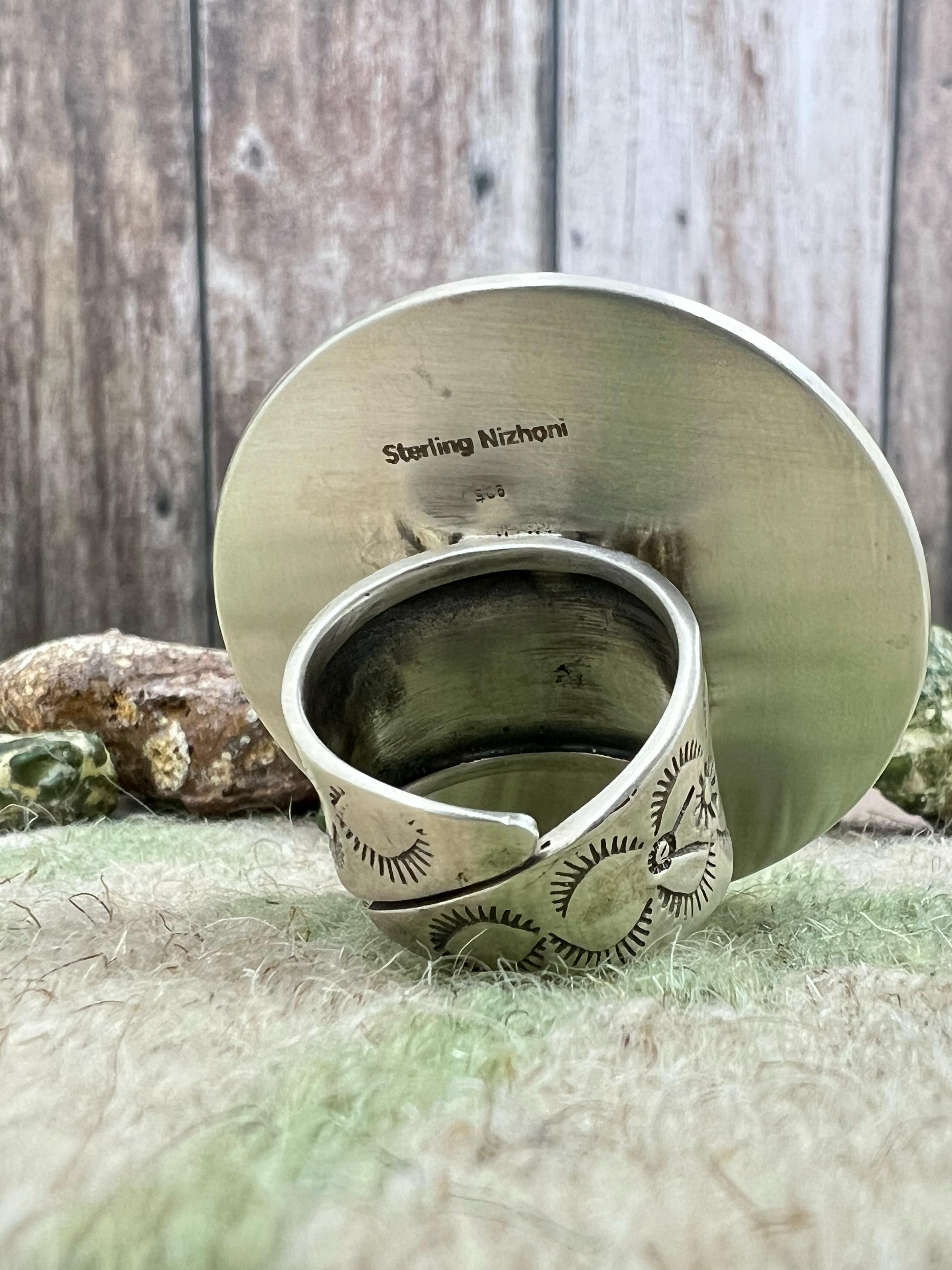 Handmade Sterling Silver Emerald Valley with Dahlia Rose Adjustable Rings, Signed Nizhoni