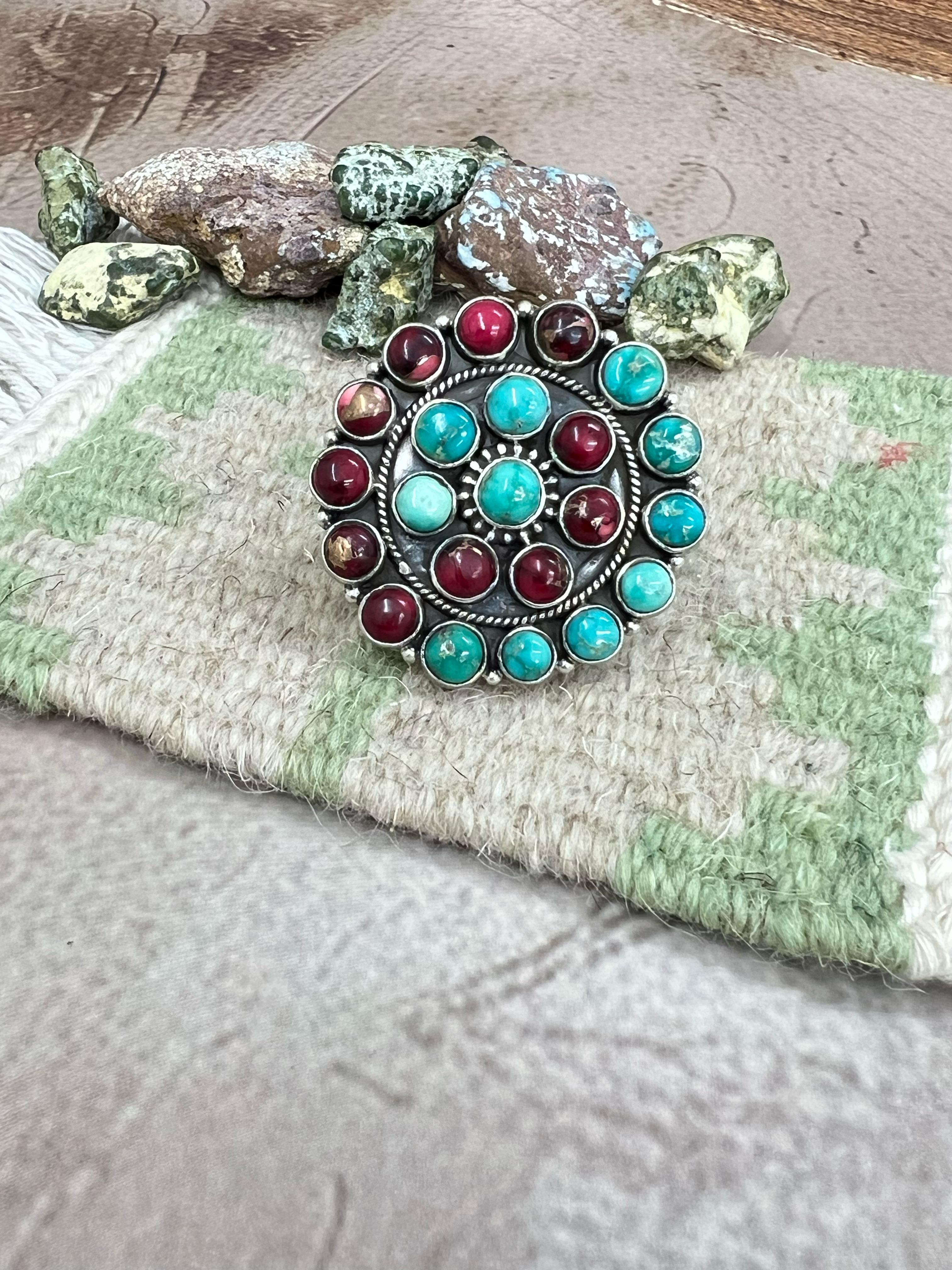 Handmade Sterling Silver Emerald Valley Turquoise with Dahlia Rose Adjustable Ring, Signed Nizhoni