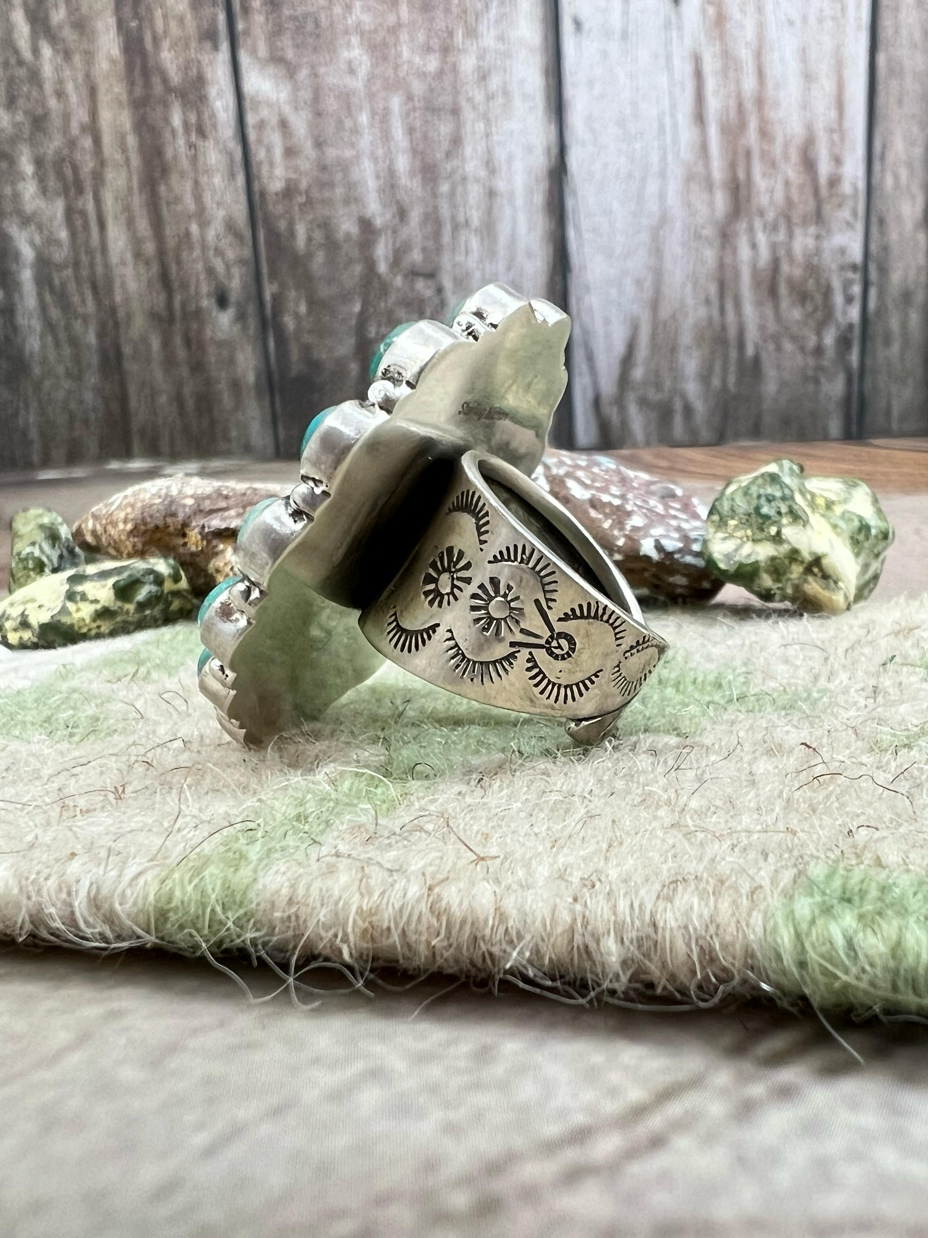 Handmade Sterling Silver Emerald Valley Turquoise with Dahlia Rose Adjustable Ring, Signed Nizhoni