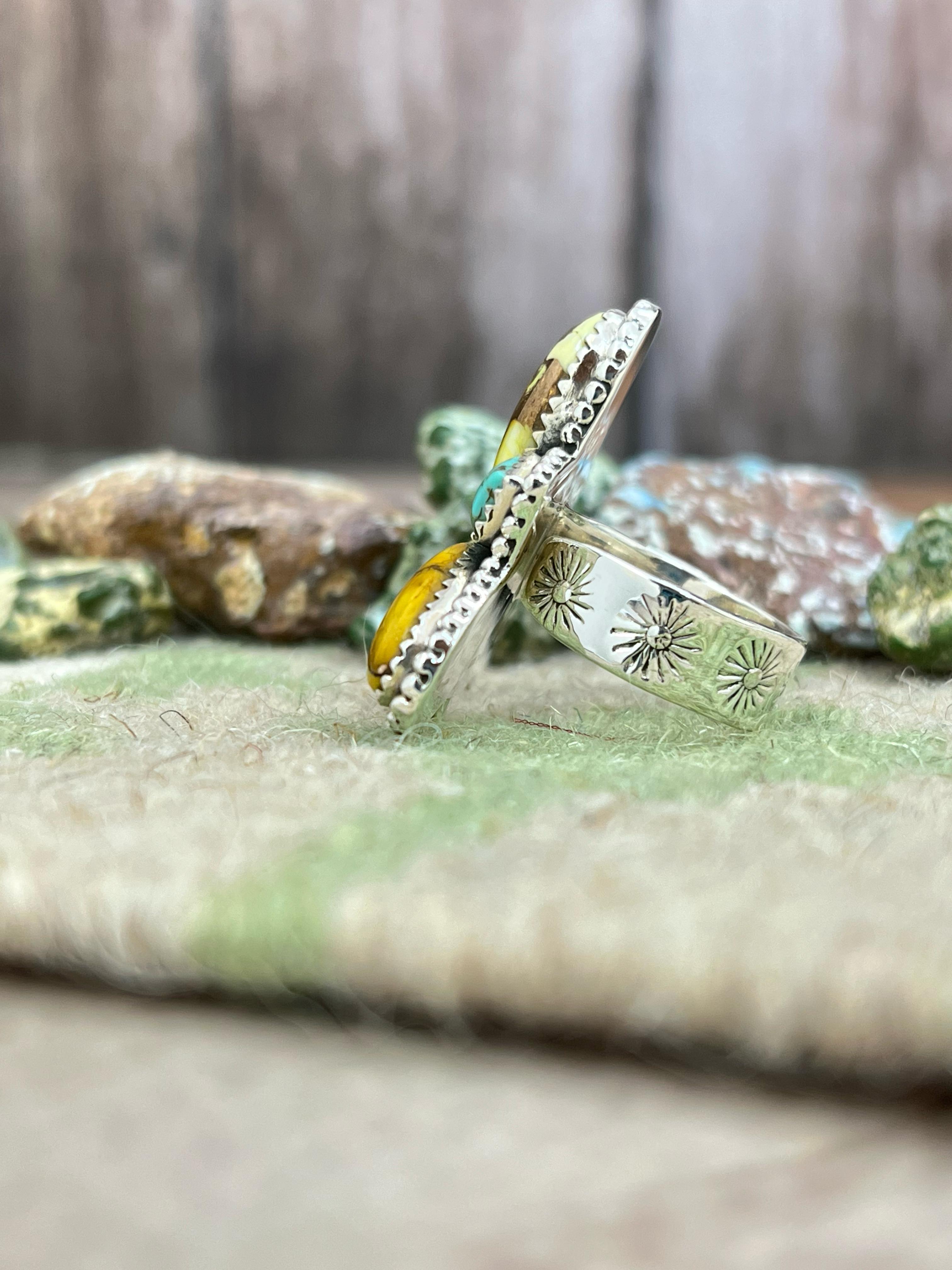 Handmade Sterling Silver Honey Dahlia with Kingman Turquoise Adjustable Ring, Signed Nizhoni