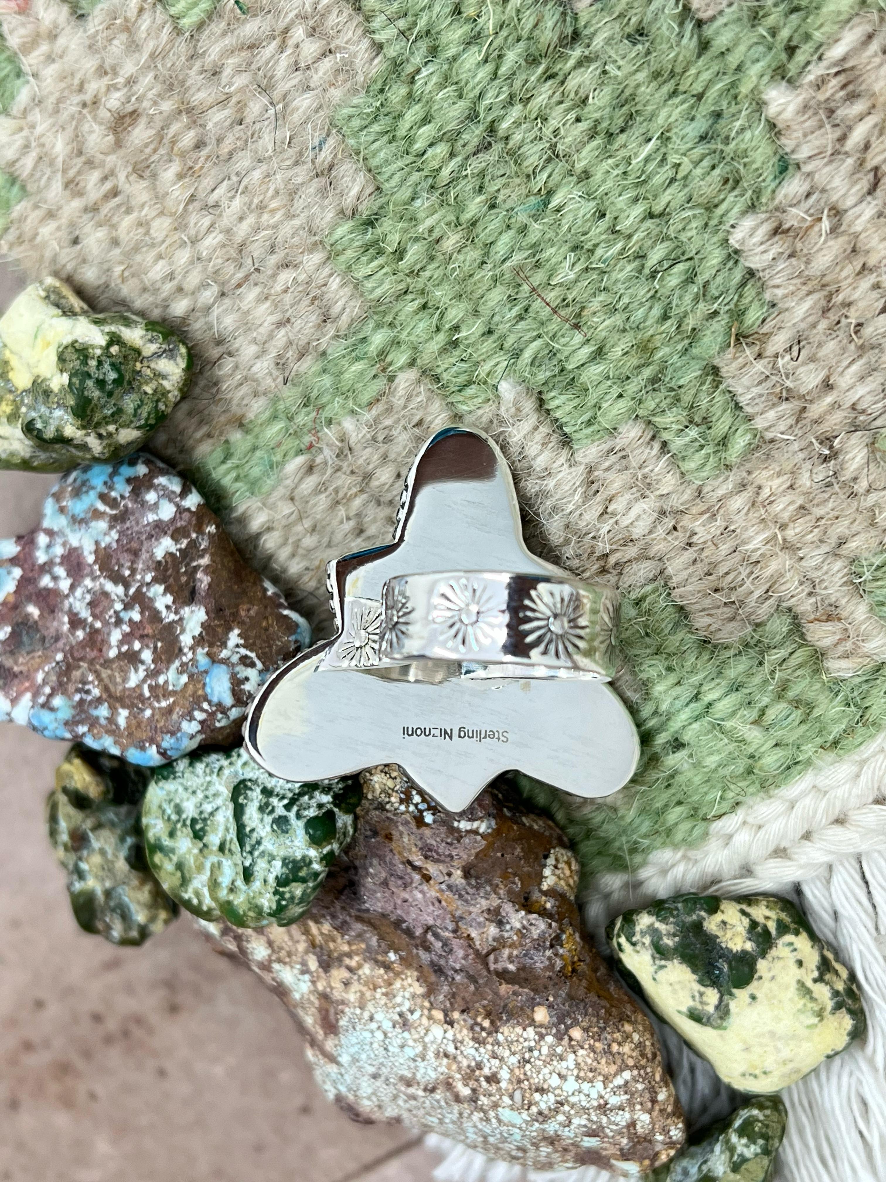 Handmade Sterling Silver Honey Dahlia with Kingman Turquoise Adjustable Ring, Signed Nizhoni