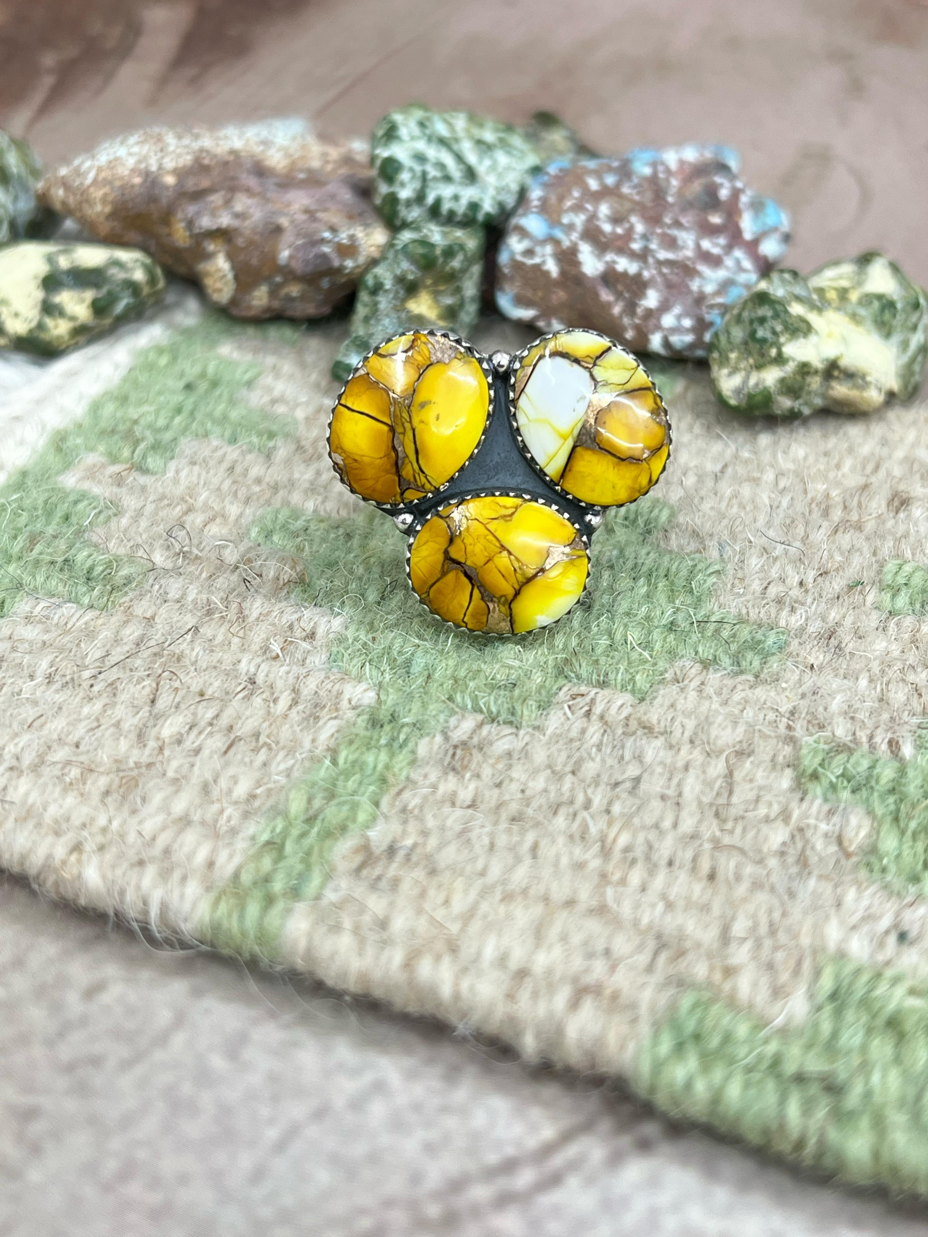 Handmade Sterling Silver Honey Dahlia Adjustable Ring, Signed Nizhoni