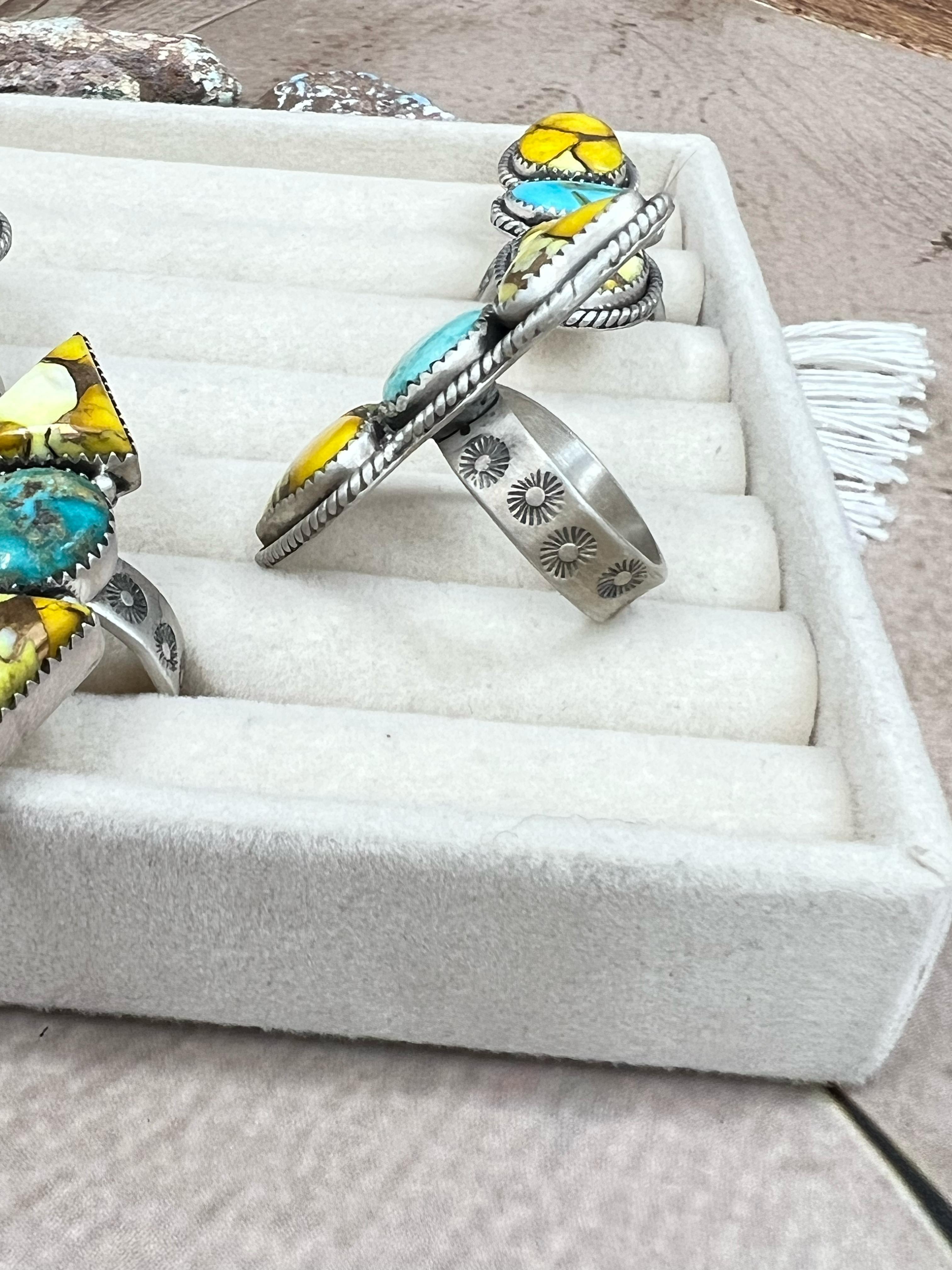 Handmade Sterling Silver Honey Dahlia with South Hill Turquoise Adjustable Ring, Signed Nizhoni