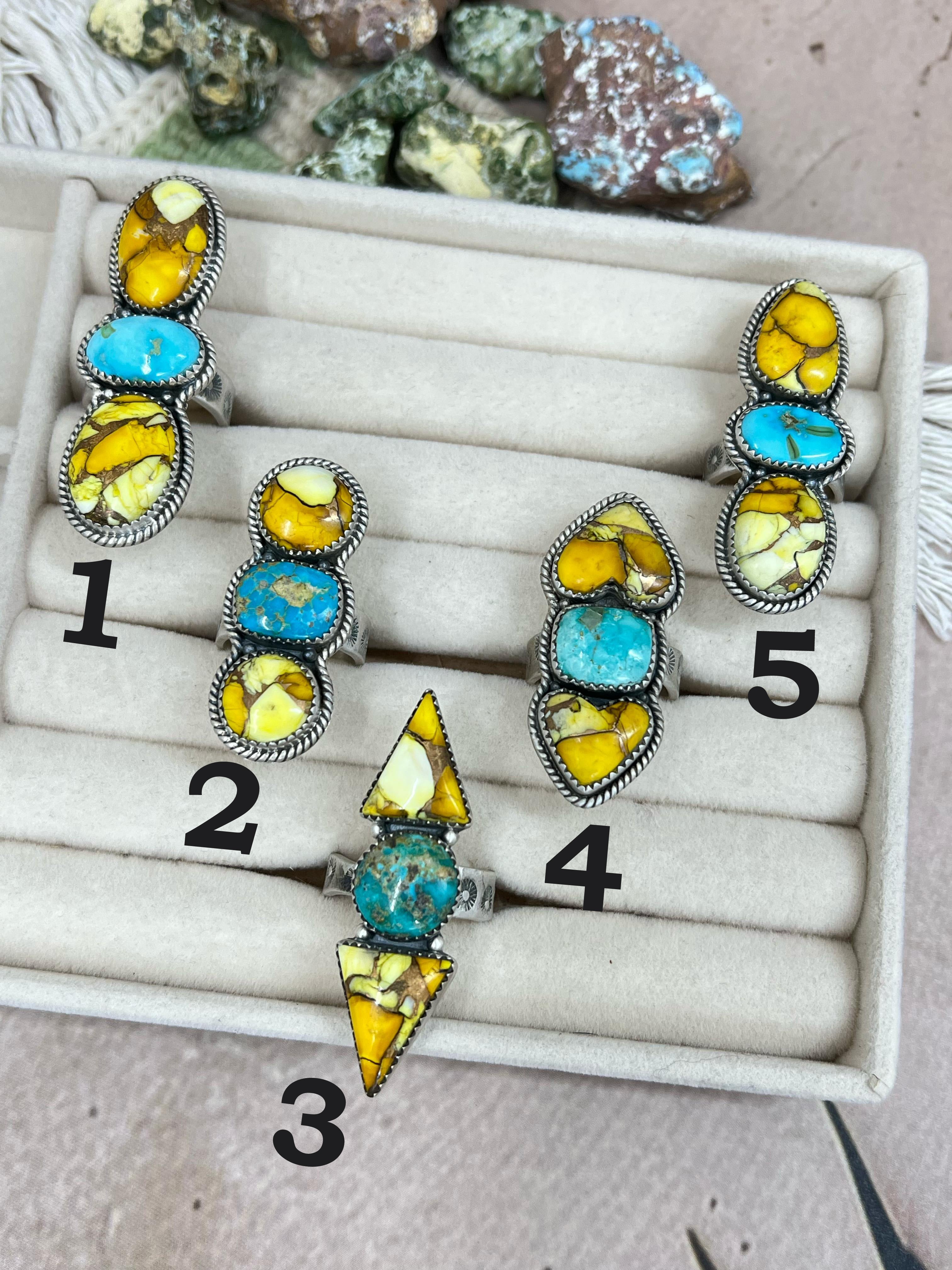 Handmade Sterling Silver Honey Dahlia with South Hill Turquoise Adjustable Ring, Signed Nizhoni