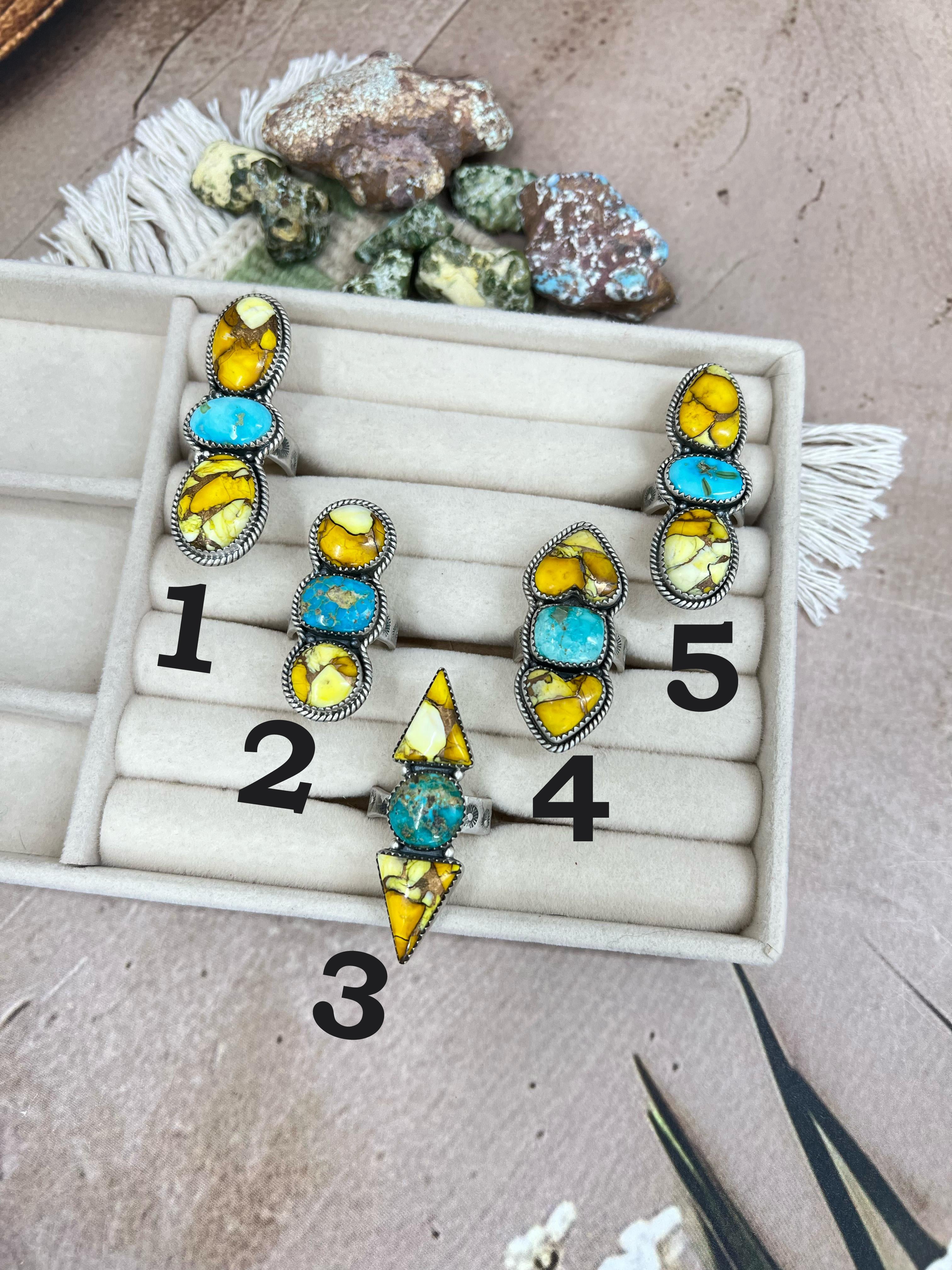 Handmade Sterling Silver Honey Dahlia with South Hill Turquoise Adjustable Ring, Signed Nizhoni