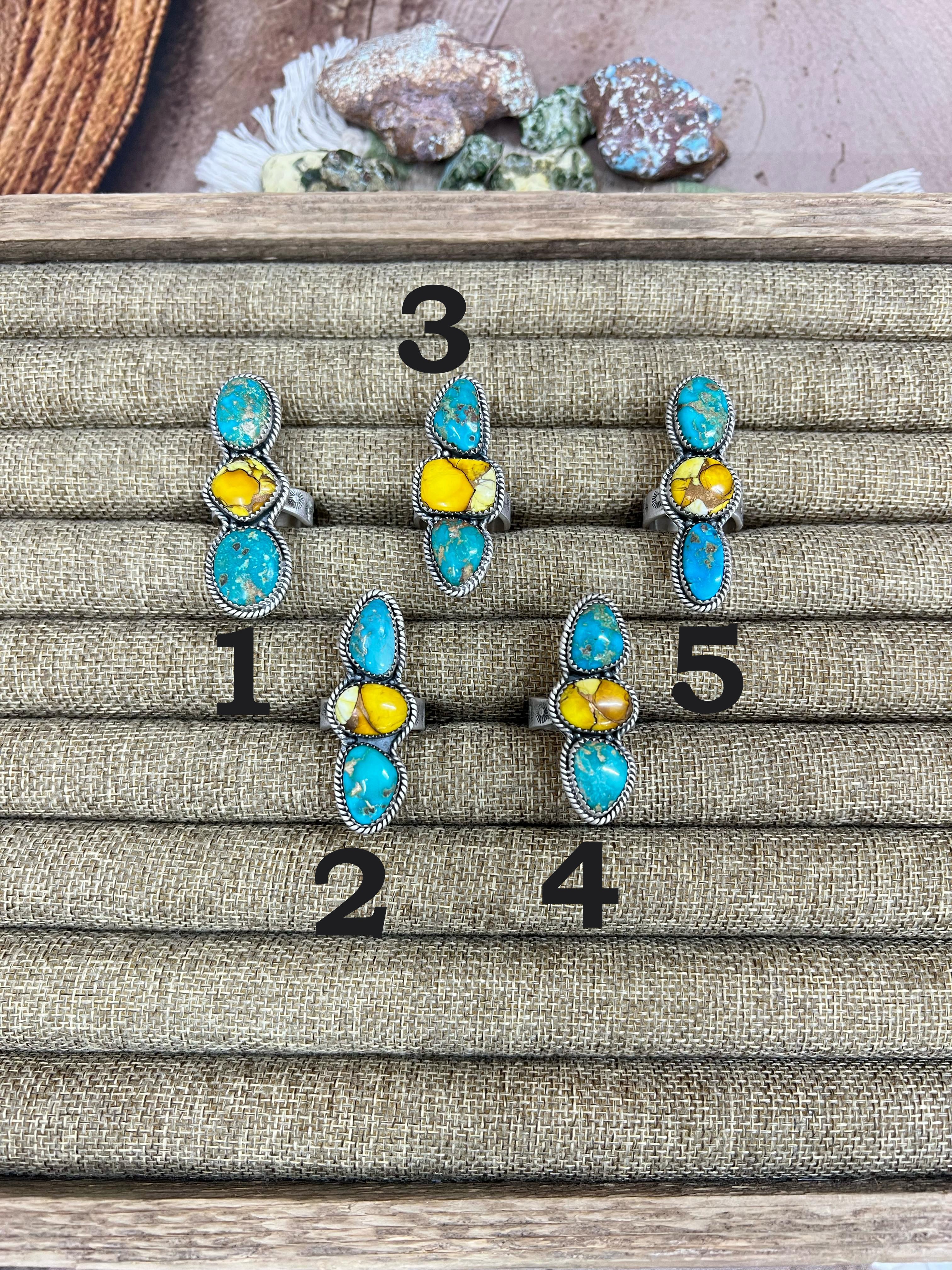 Handmade Sterling Silver Honey Dahlia with South Hill Turquoise Adjustable Ring, Signed Nizhoni