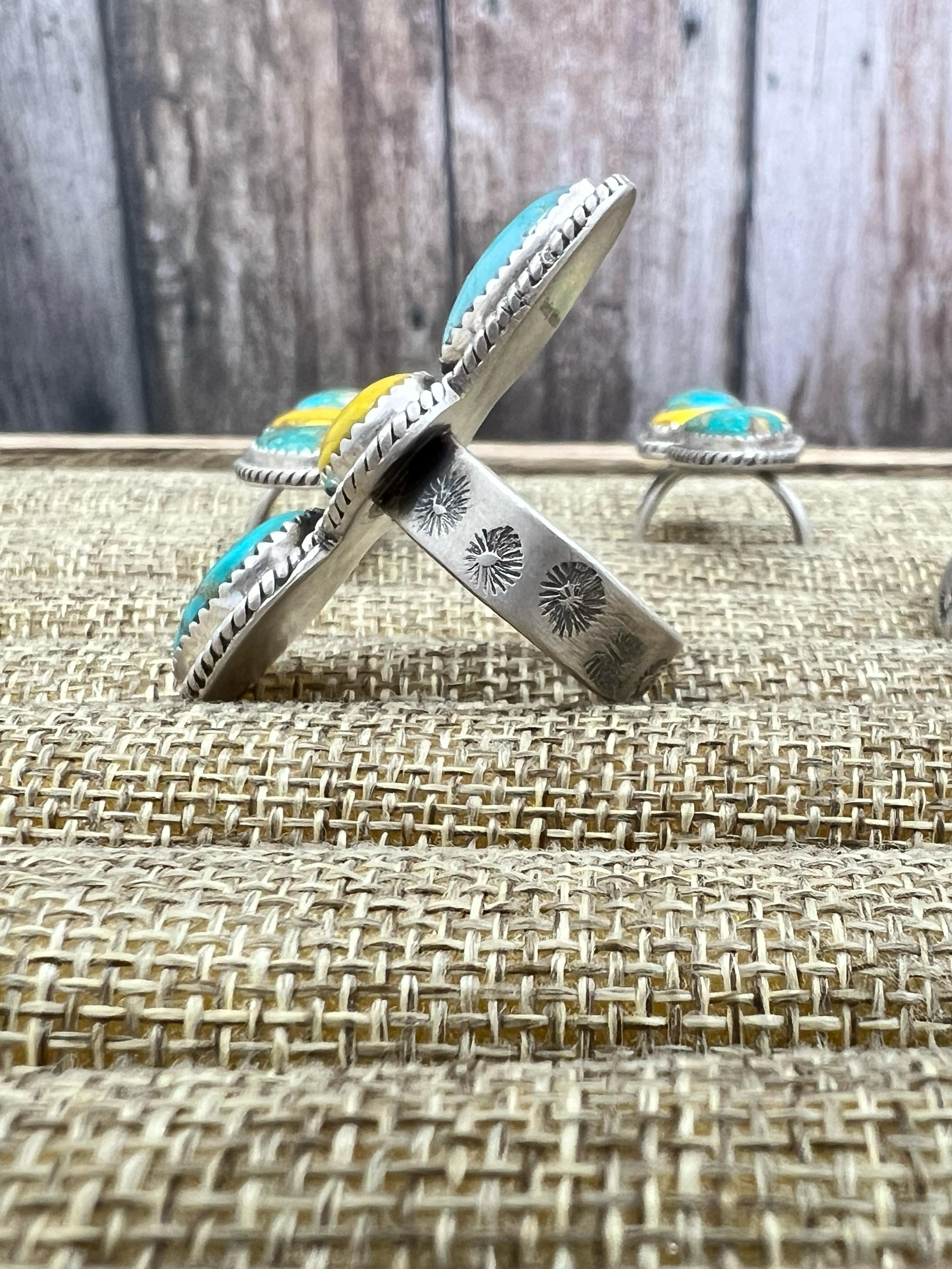Handmade Sterling Silver Honey Dahlia with South Hill Turquoise Adjustable Ring, Signed Nizhoni