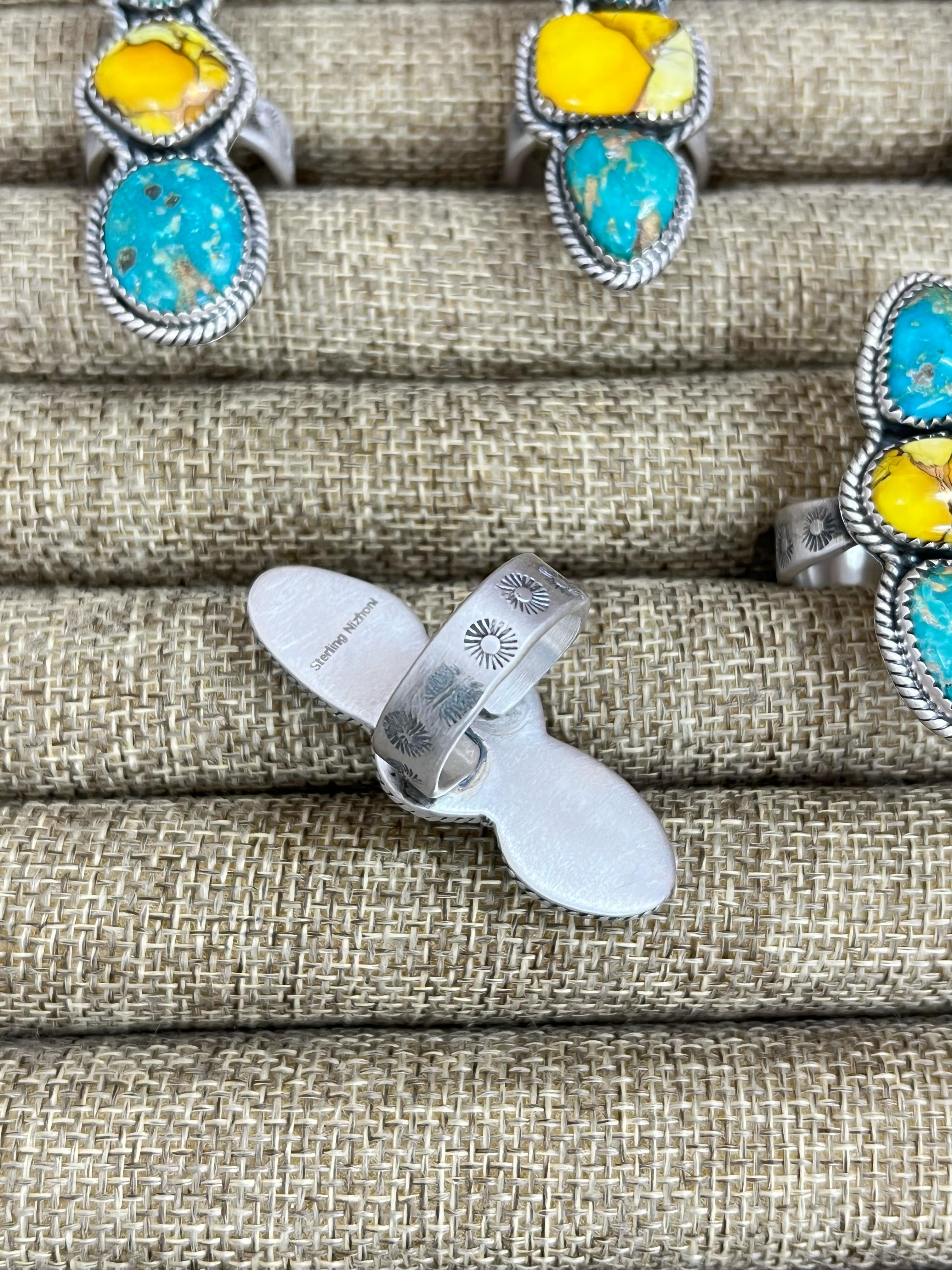 Handmade Sterling Silver Honey Dahlia with South Hill Turquoise Adjustable Ring, Signed Nizhoni