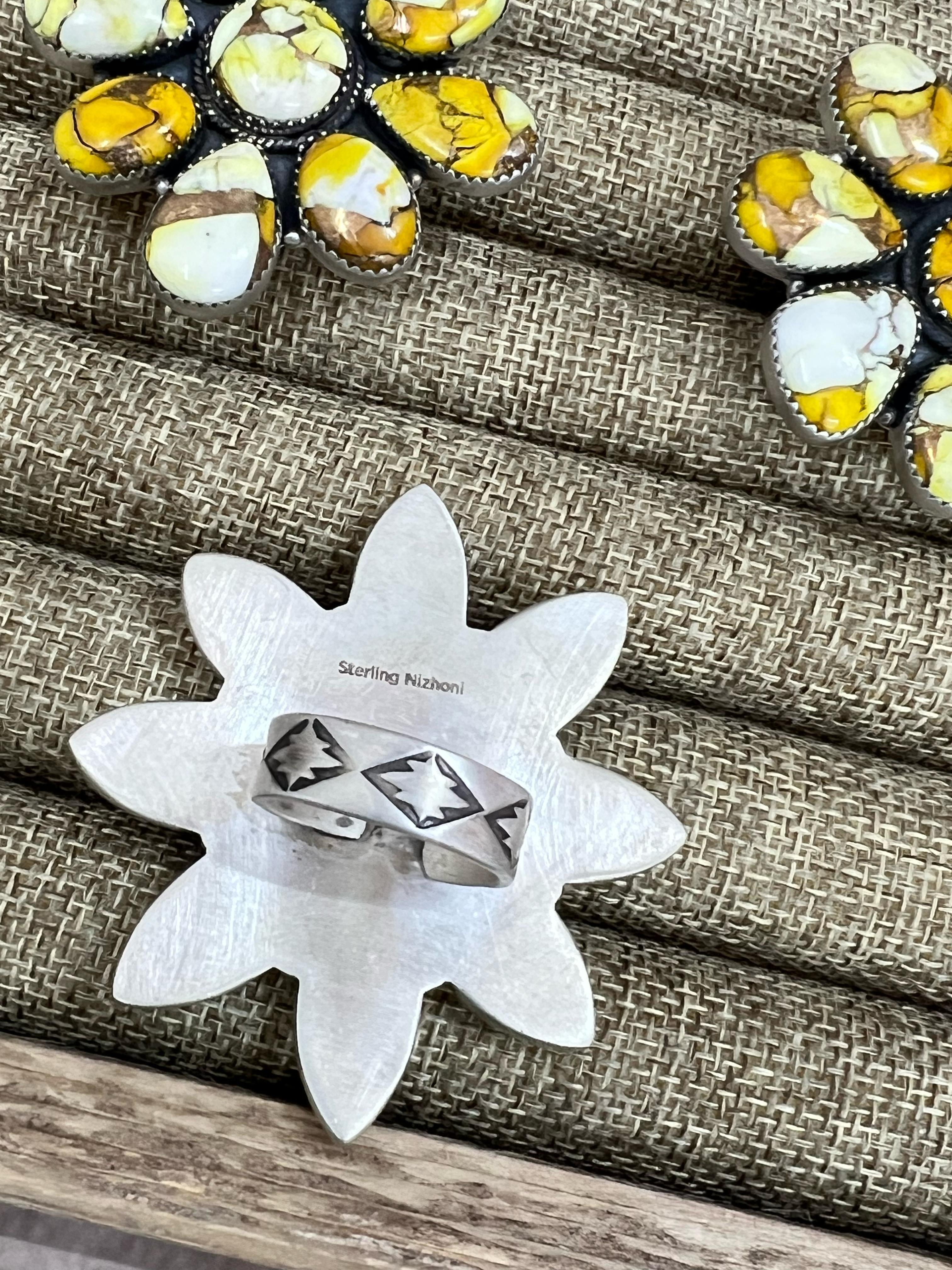 Handmade Sterling Silver Honey Dahlia Adjustable Ring with Signed Nizhoni