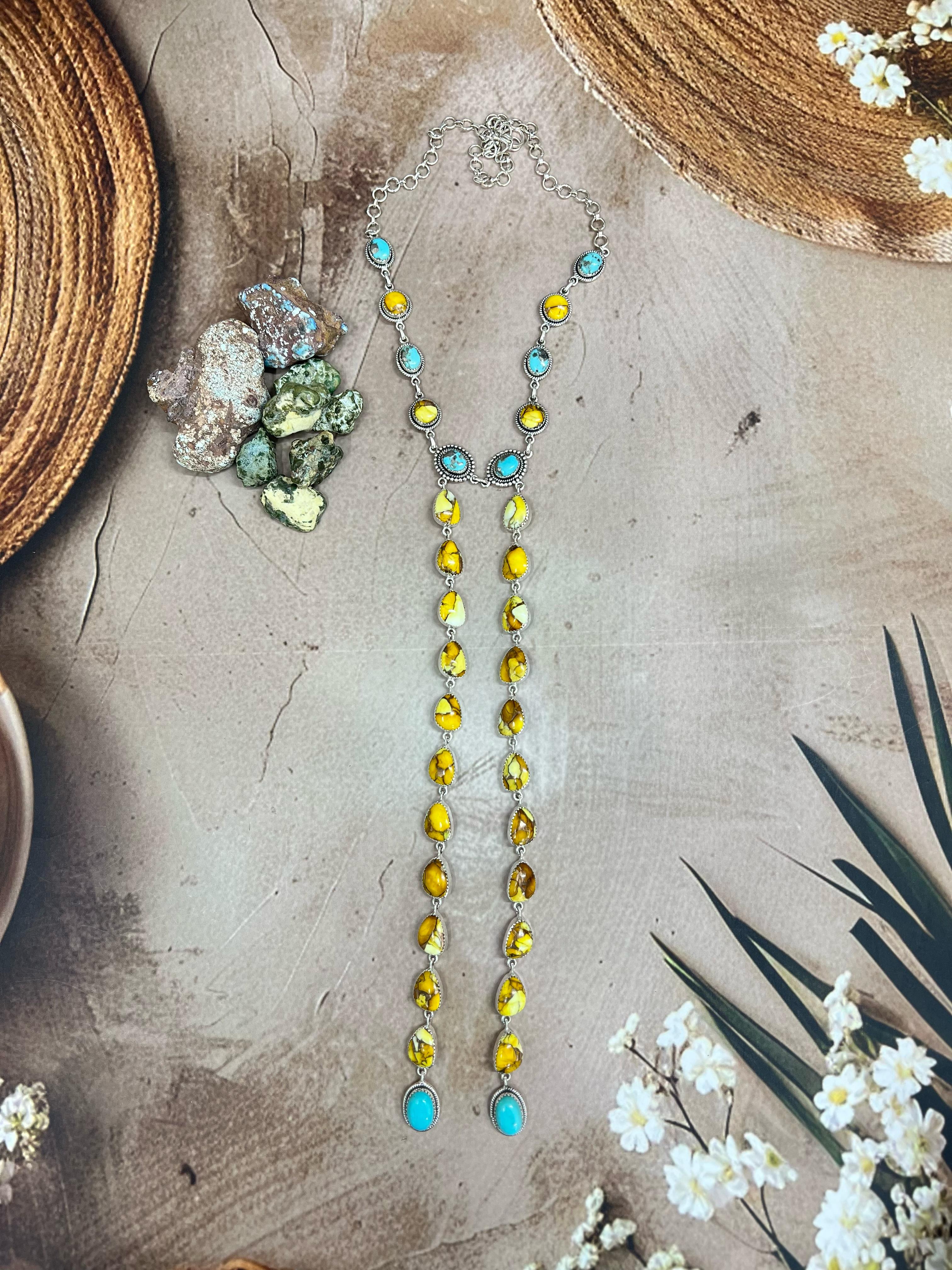 Handmade Sterling Silver Honey Dahlia with Kingman Turquoise Necklace, Signed Nizhoni