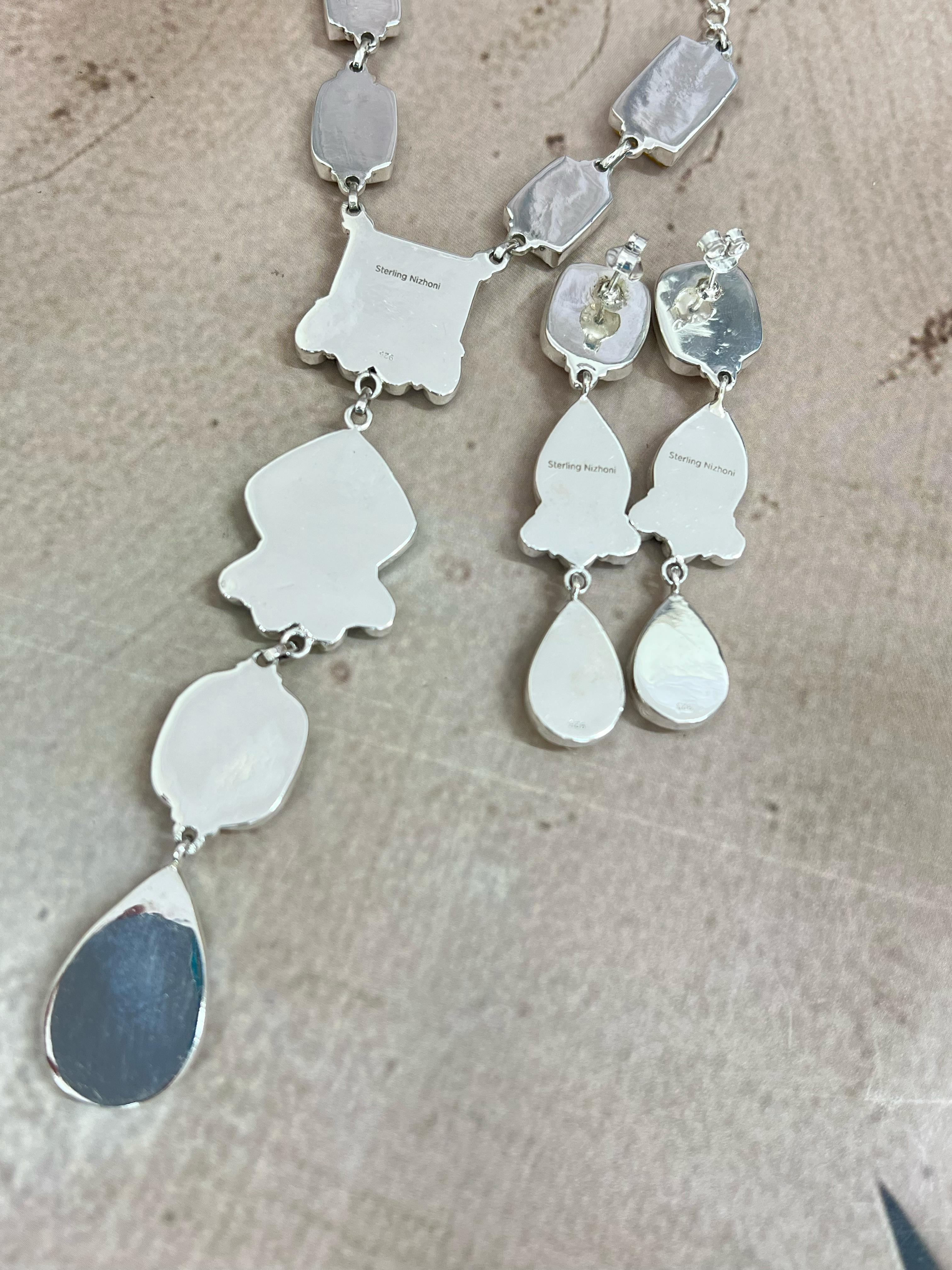 Handmade Sterling Silver Honey Dahlia with Kingman Turquoise Necklace Post Earrings, Signed Nizhoni