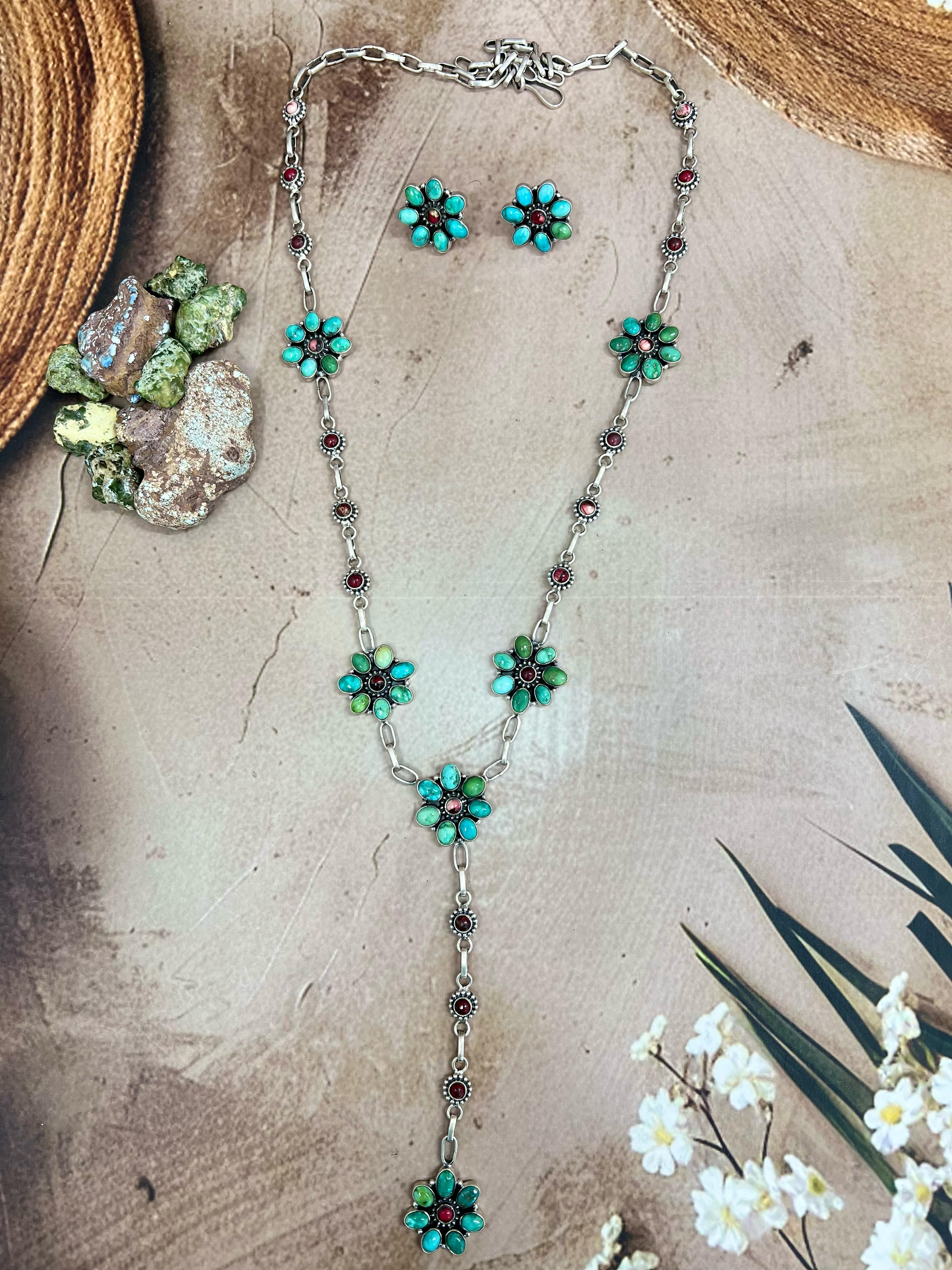 Handmade Sterling Silver Emerald Valley Turquoise with Dahlia Rose Necklace Post Earrings Set with Signed Nizhoni
