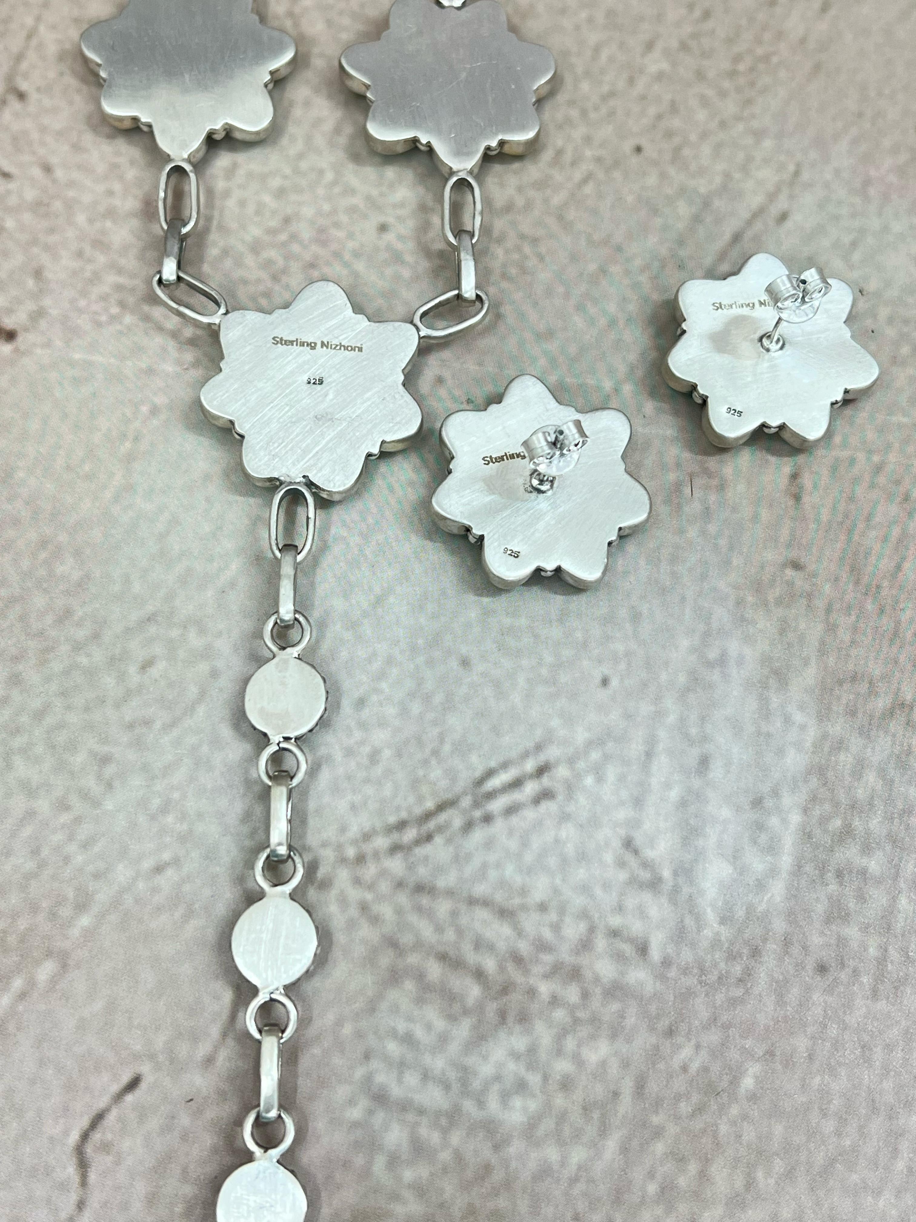 Handmade Sterling Silver Emerald Valley Turquoise with Dahlia Rose Necklace Post Earrings Set with Signed Nizhoni