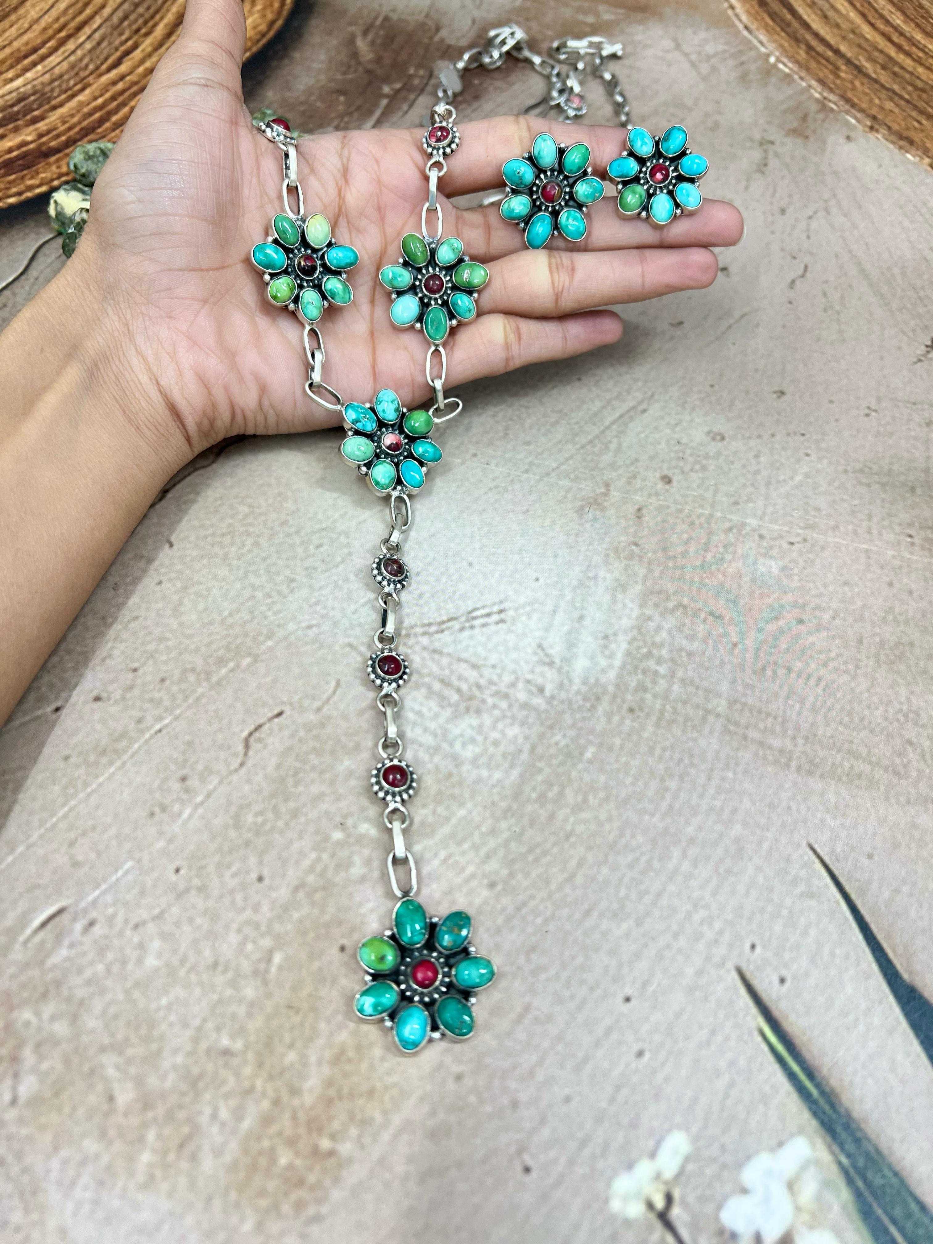 Handmade Sterling Silver Emerald Valley Turquoise with Dahlia Rose Necklace Post Earrings Set with Signed Nizhoni