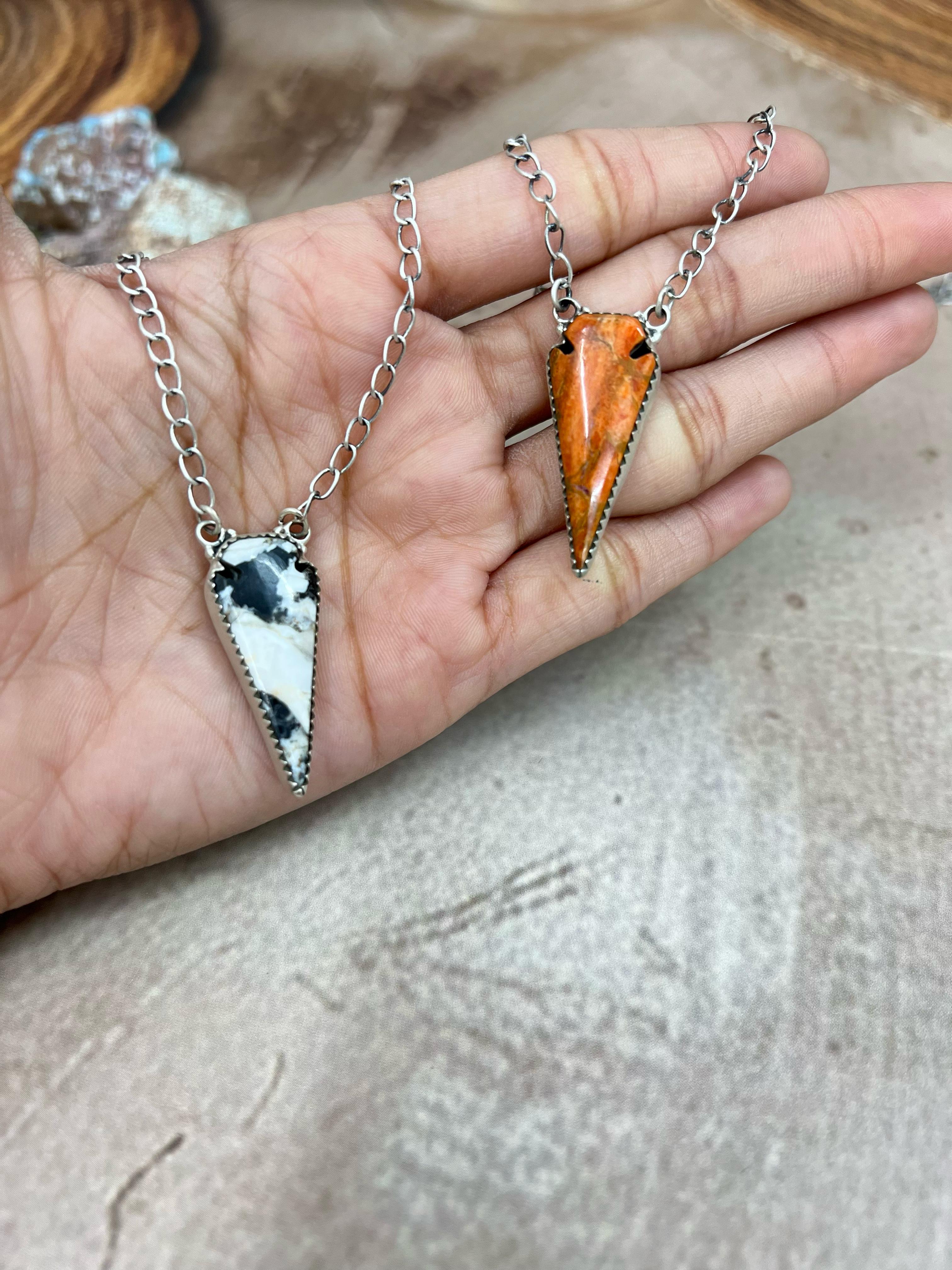 Handmade Sterling Silver Orange Mojave Turquoise, White Buffalo Turquoise Necklace with Signed Nizhoni