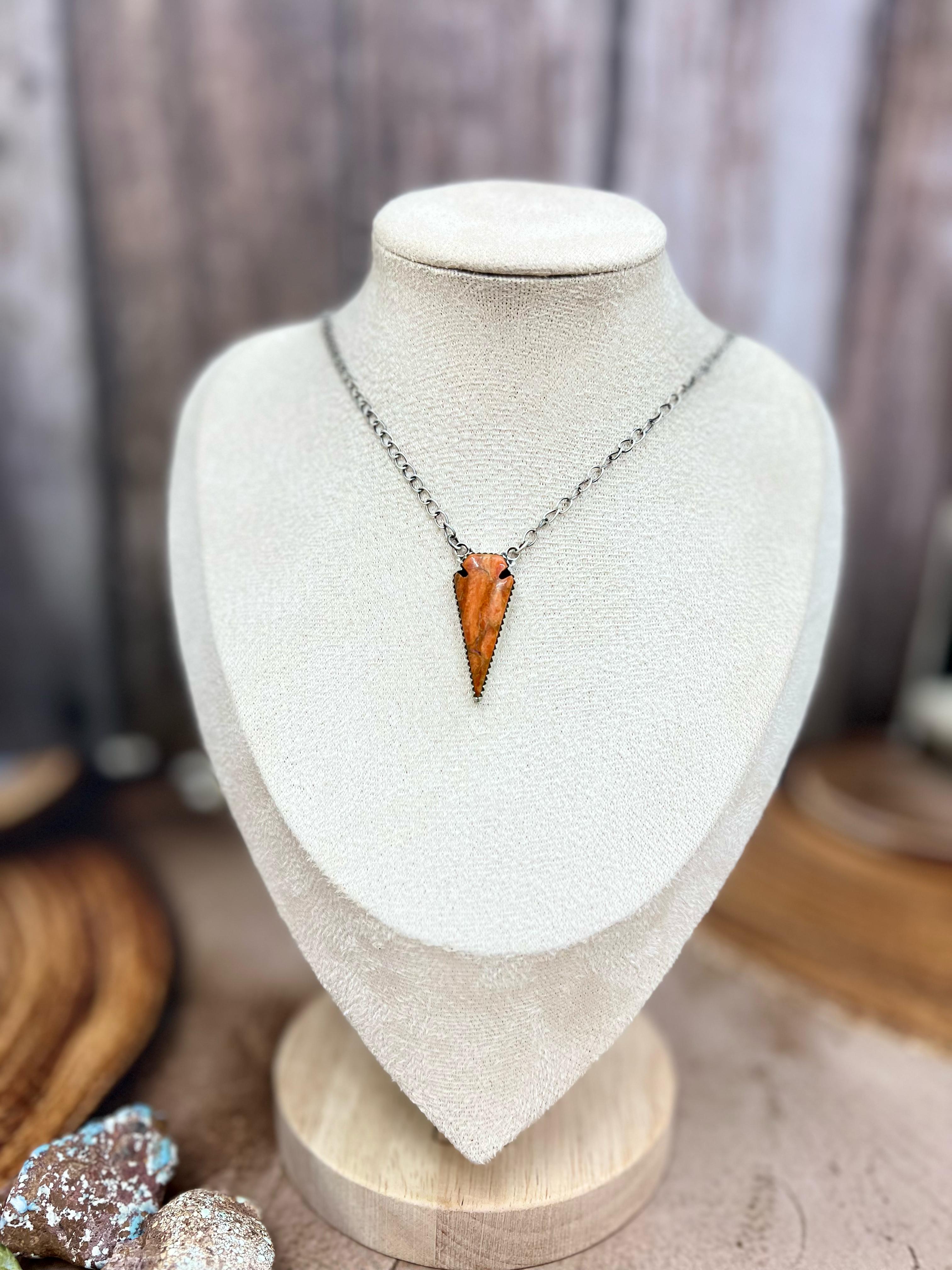 Handmade Sterling Silver Orange Mojave Turquoise, White Buffalo Turquoise Necklace with Signed Nizhoni